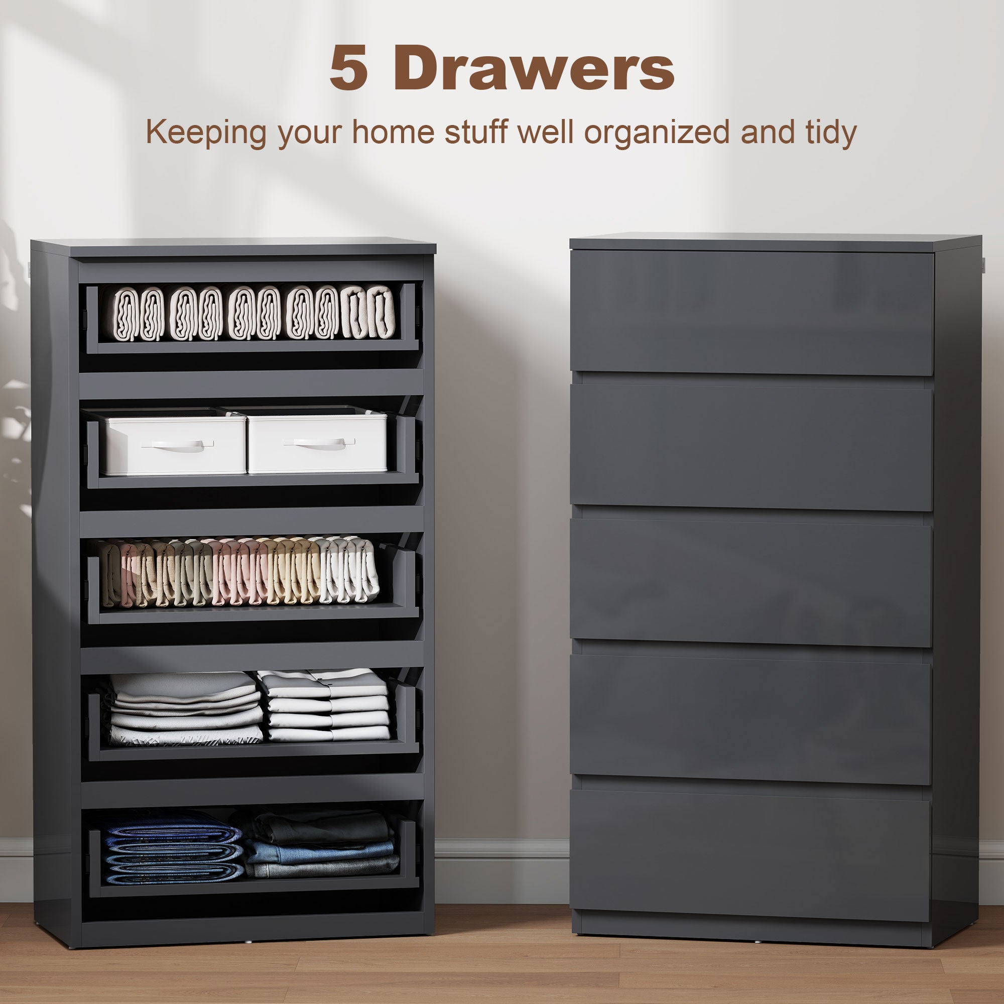 HOMCOM High Gloss Chest of Drawers, 5-Drawer Storage Cabinets, Modern Dresser, Storage Drawer Unit for Bedroom