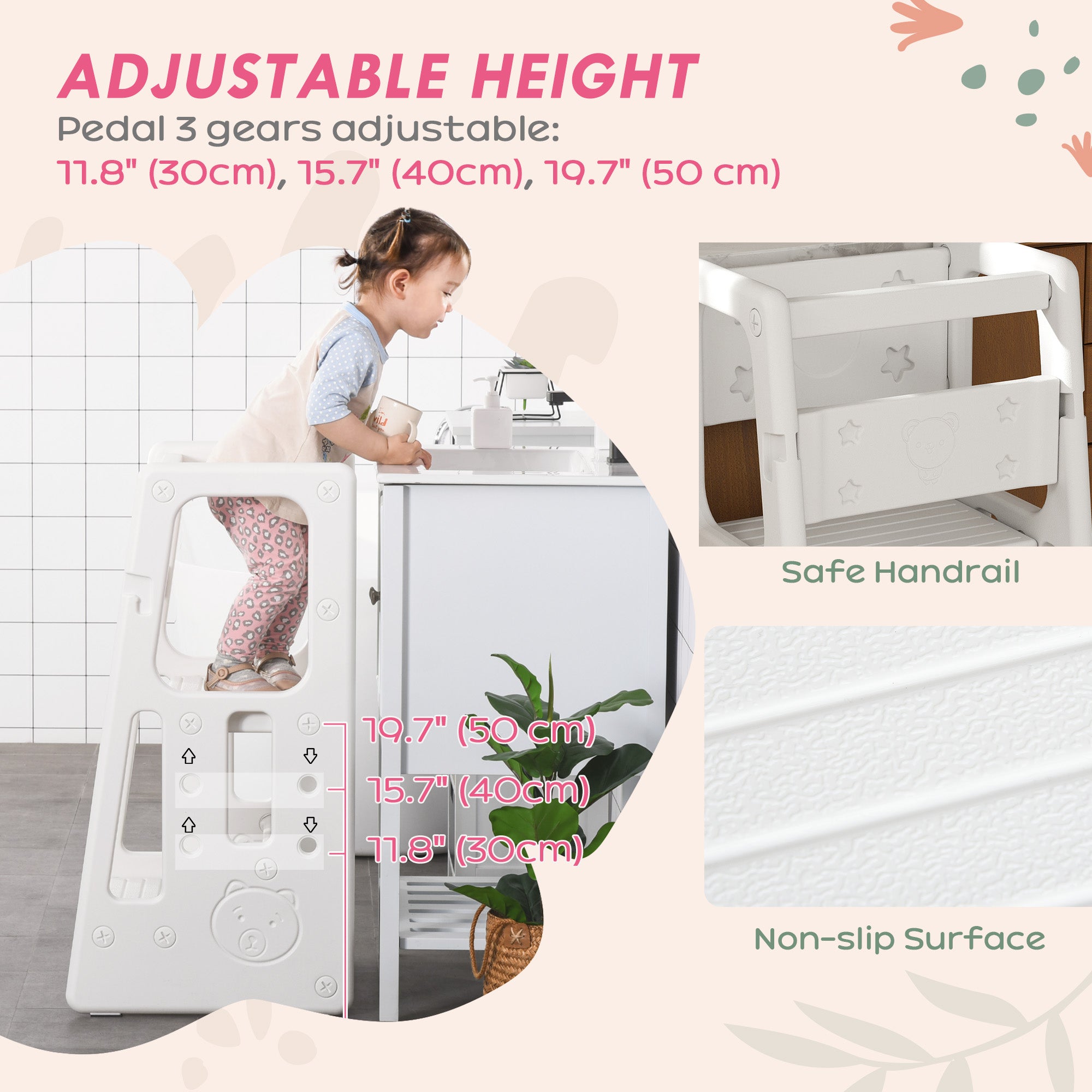 HOMCOM Kids Step Stool, Adjustable Standing Platform, Toddler Kitchen Stool - North Peak Garden Furniture