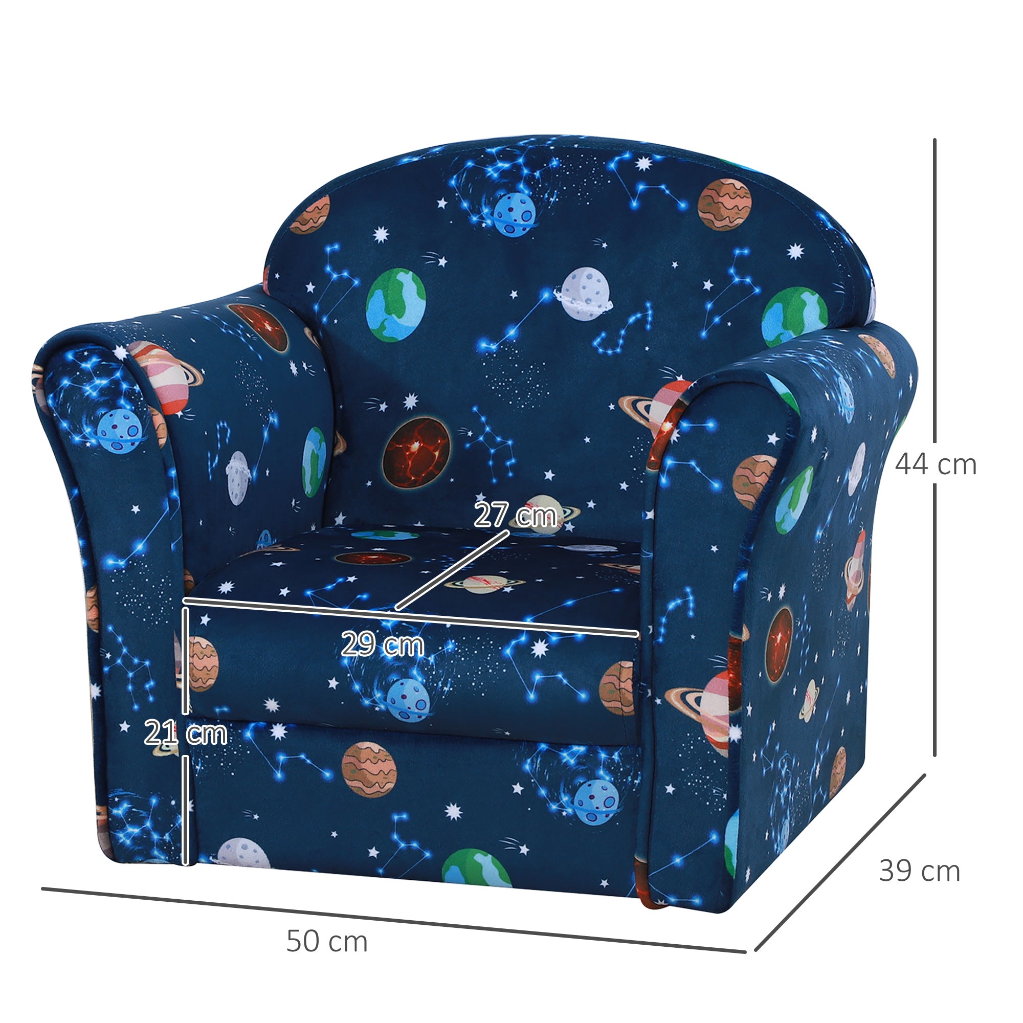 HOMCOM Kids Planet-Themed Armchair, with Non-Slip Feet, Wooden Frame - Blue - North Peak Garden Furniture