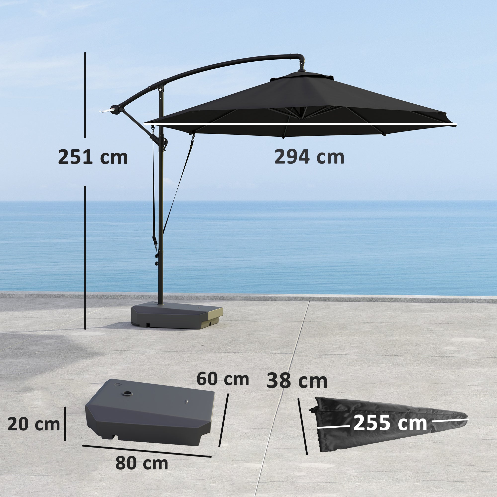 Outsunny 3(m) Garden Cantilever Parasol with Fillable Base up to 90kg, Wind Protection Strap, Cover, Round Banana Hanging Umbrella with Crank Handle and Tilt, UPF50+ Patio Umbrella, Grey