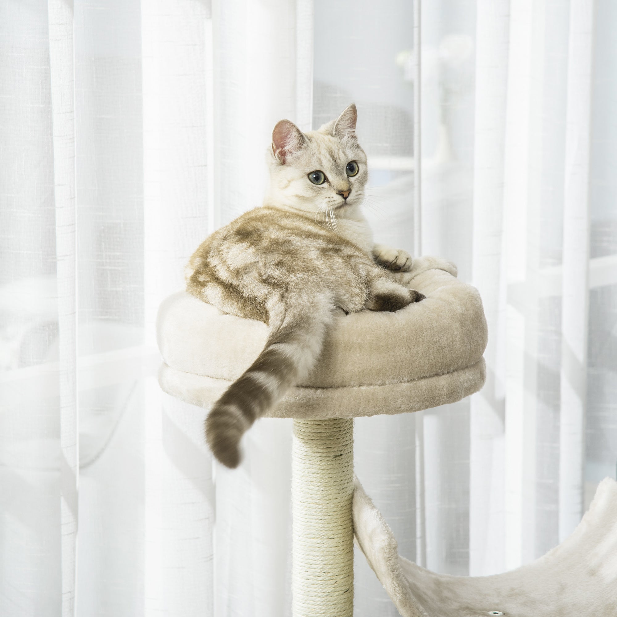 PawHut Cat Tree for Indoor Cats Kitten Pet Scratching Post Perch Activity Center Scratcher Climb Post Play House Arch with Tunnel 105cm Tall Beige - North Peak Garden Furniture