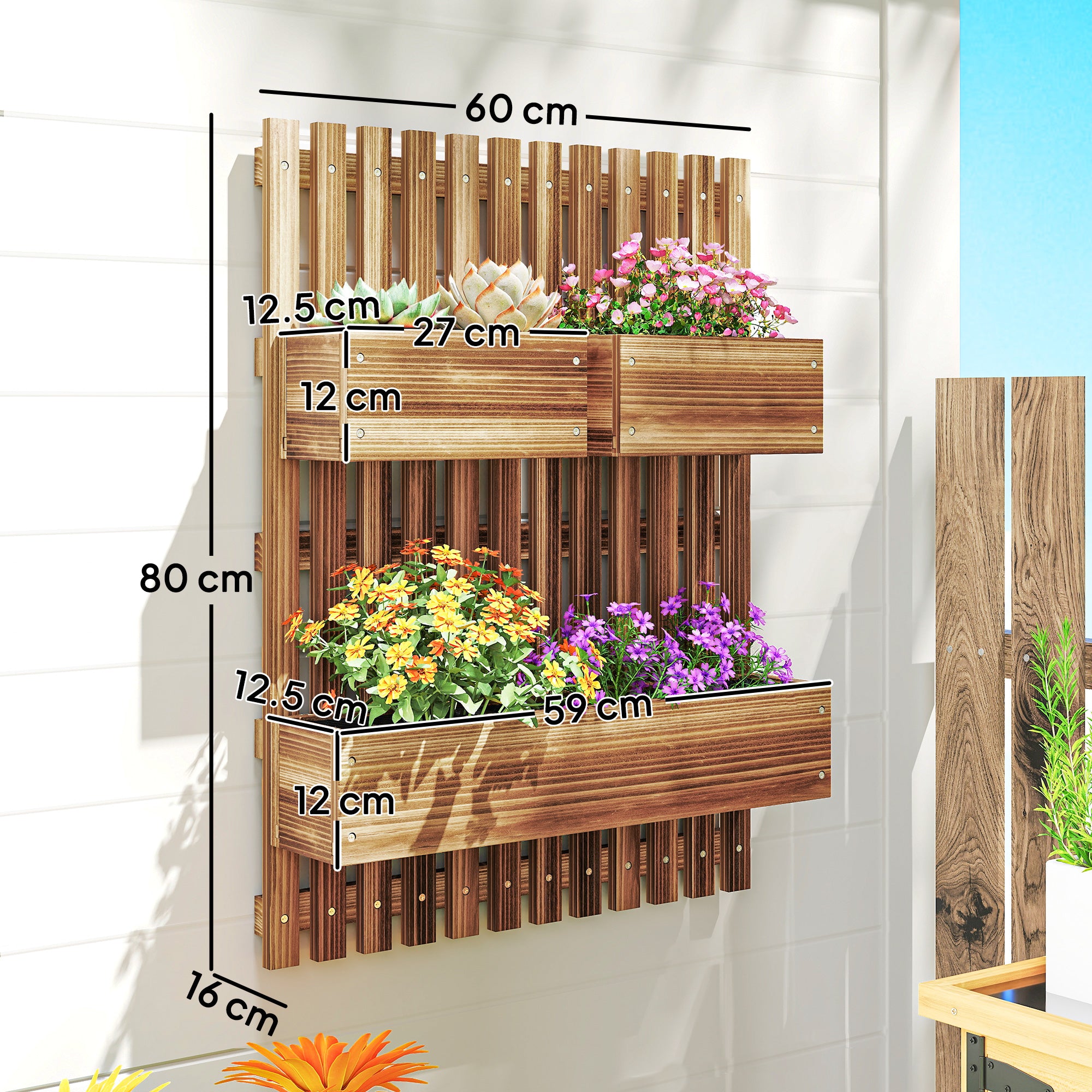 Outsunny Wall-mounted Wooden Garden Planters with Trellis, Drainage Holes and 3 Planter Boxes for Patio, Carbonised