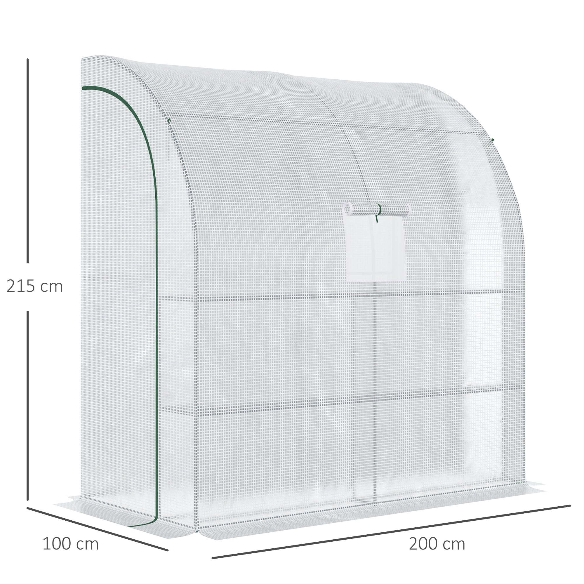 Outsunny Walk-In Lean to Wall Greenhouse with Windows and Doors 2 Tiers 4 Wired Shelves 200L x 100W x 215Hcm White