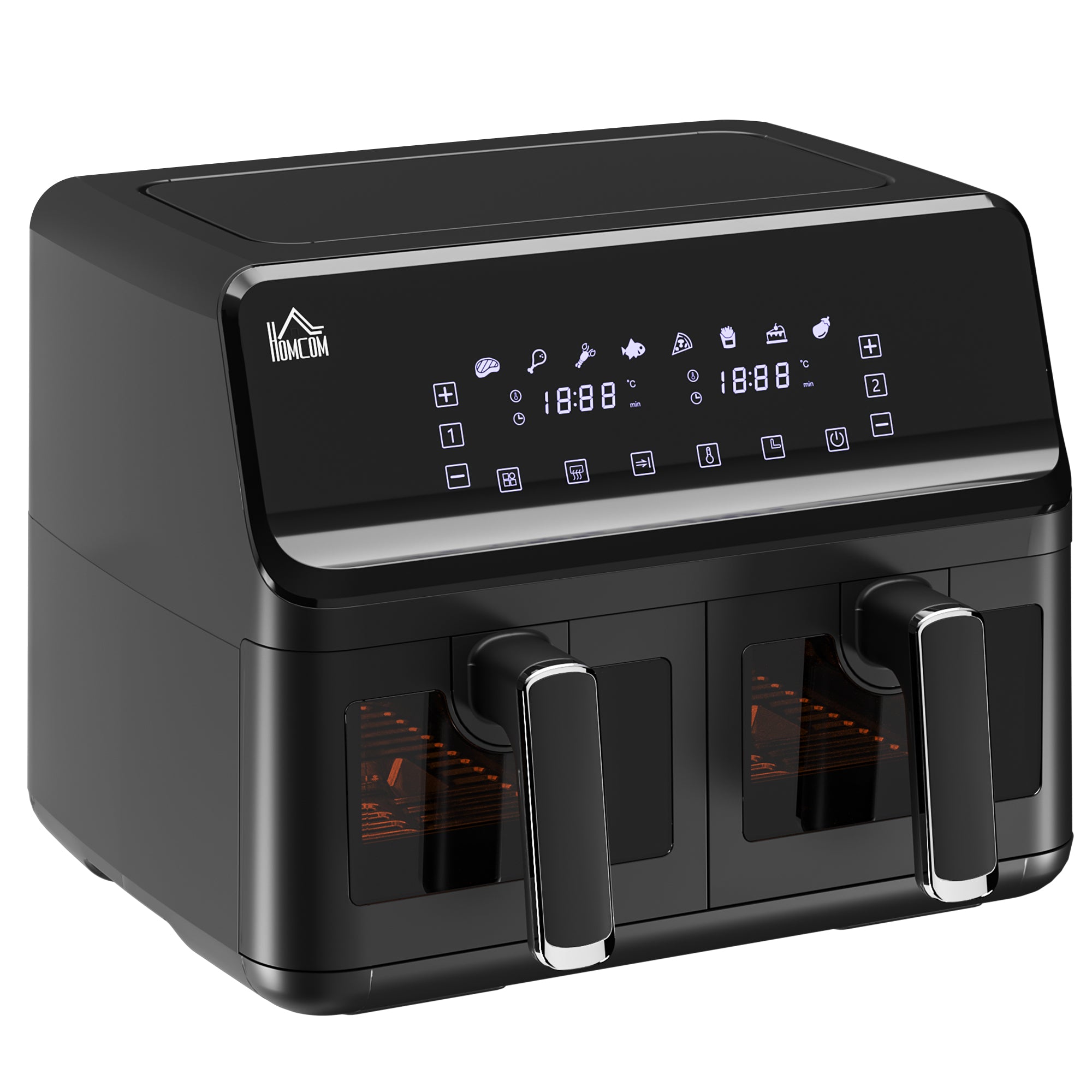 HOMCOM 8L Dual Basket Air Fryer, 8-in-1 Air Fryer Oven with Digital Display, Visible, Timer, Preheat for Oil Free Low Fat Cooking, 2500W, Sync Finish, Sliver - North Peak Garden Furniture