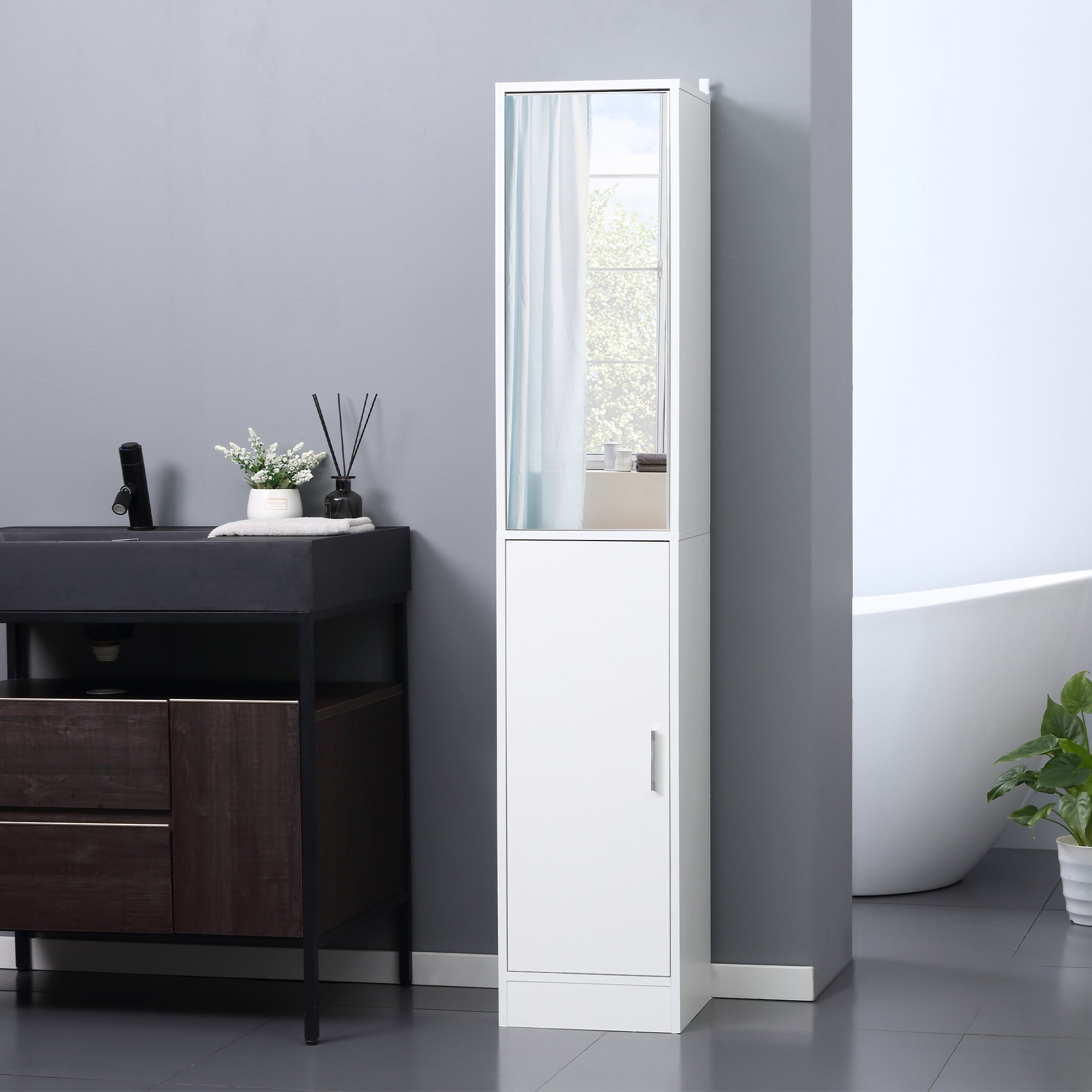 kleankin Tall Mirrored Bathroom Cabinet, Bathroom Storage Cupboard, Floor Standing Tallboy Unit with Adjustable Shelf, White - North Peak Garden Furniture