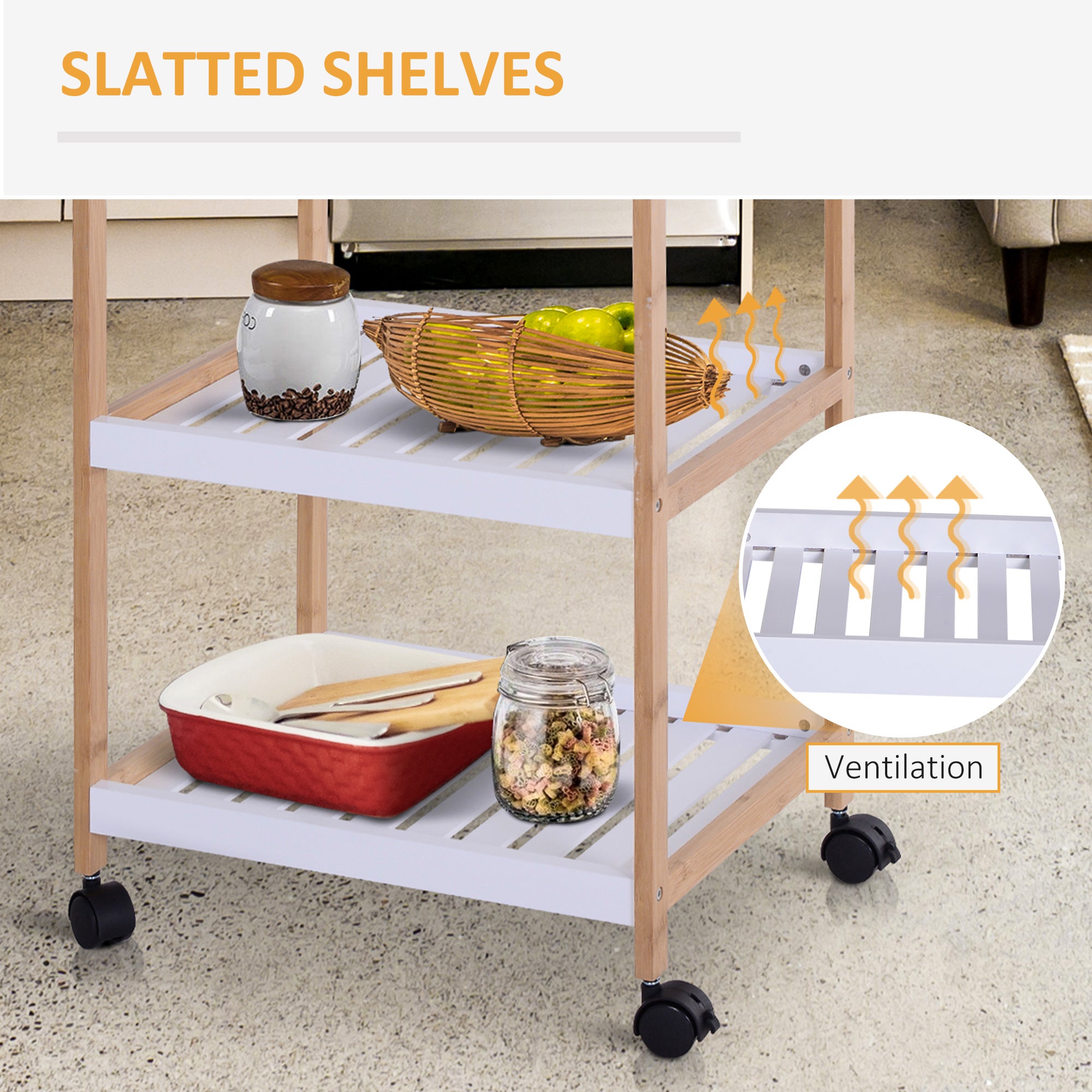 HOMCOM 3-Tier Mobile Kitchen Trolley Cart Storage Shelves Rack Rolling Wheels White 46 x 35 x 74.5 cm - North Peak Garden Furniture