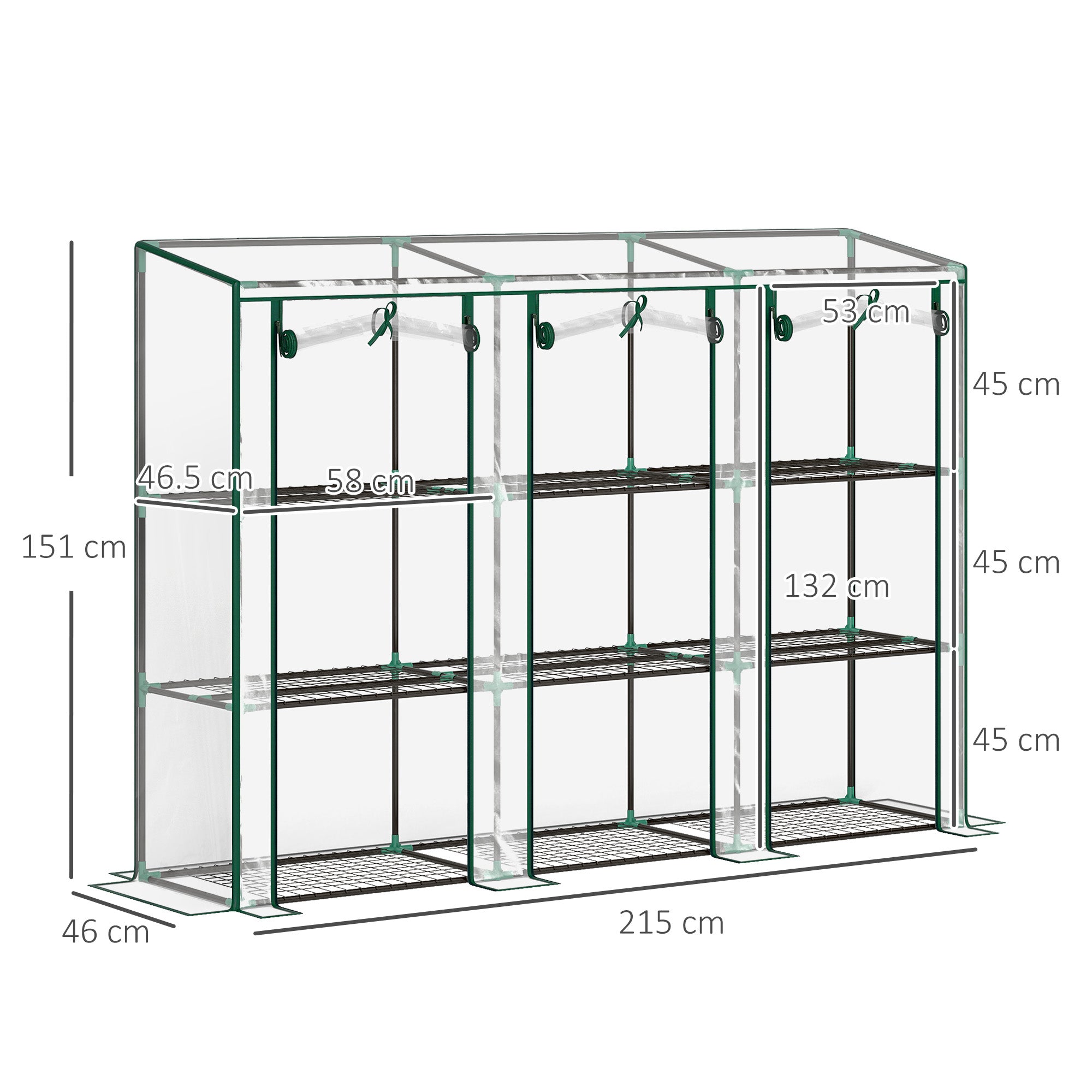 Outsunny 3 Tier Lean-to Mini Greenhouse with Reinforced Plastic Cover, Portable Small Greenhouse with 3 Roll-Up Doors, 215 x 46 x 151cm, Clear