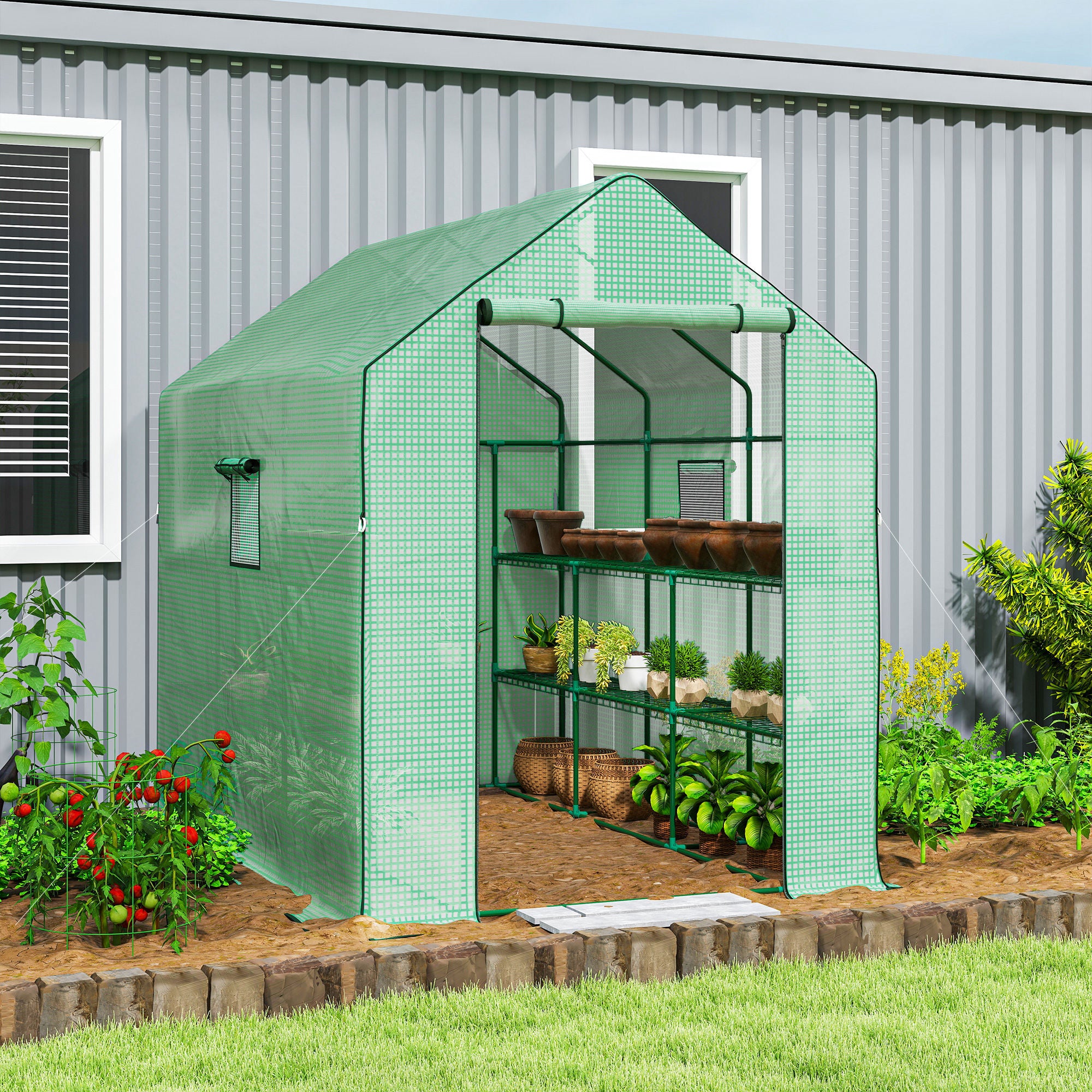 Outsunny Walk-in Greenhouse with 3 Tier Shelves, Outdoor Green House Garden Grow House with Reinforced PE Cover, Roll-up Door and Mesh Windows, 140 x 213 x 190cm, Green