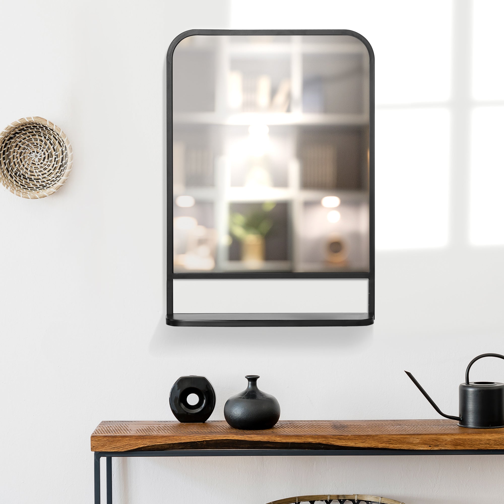 HOMCOM Modern Square Wall Mirror with Storage Shelf, 70 x 50 cm Mirrors for Living Room, Bedroom, Black