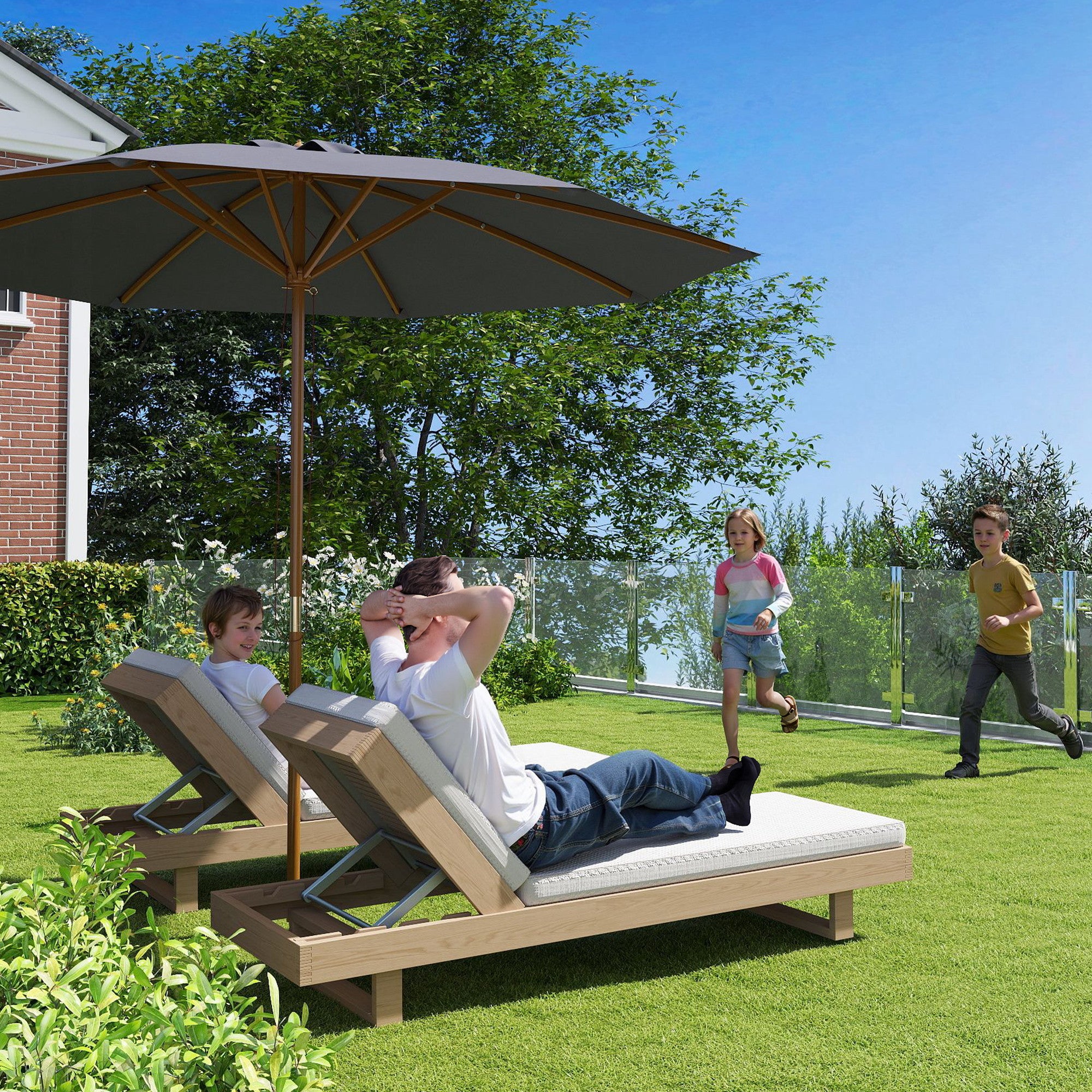 Outsunny 3m Wood Pole Parasol Umbrella - Grey - North Peak Garden Furniture