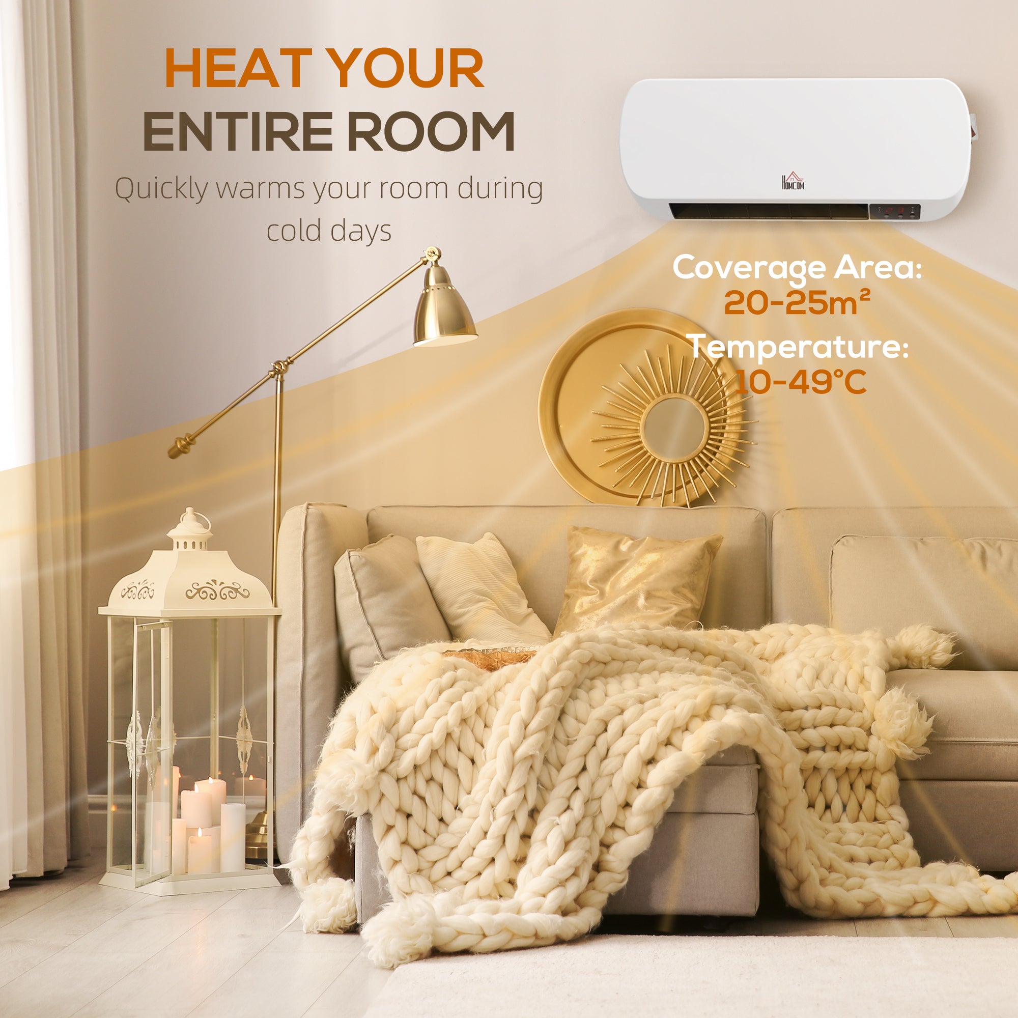 HOMCOM 2000W Wall Mounted Ceramic Space Heater, 10-49°C Temperature, White