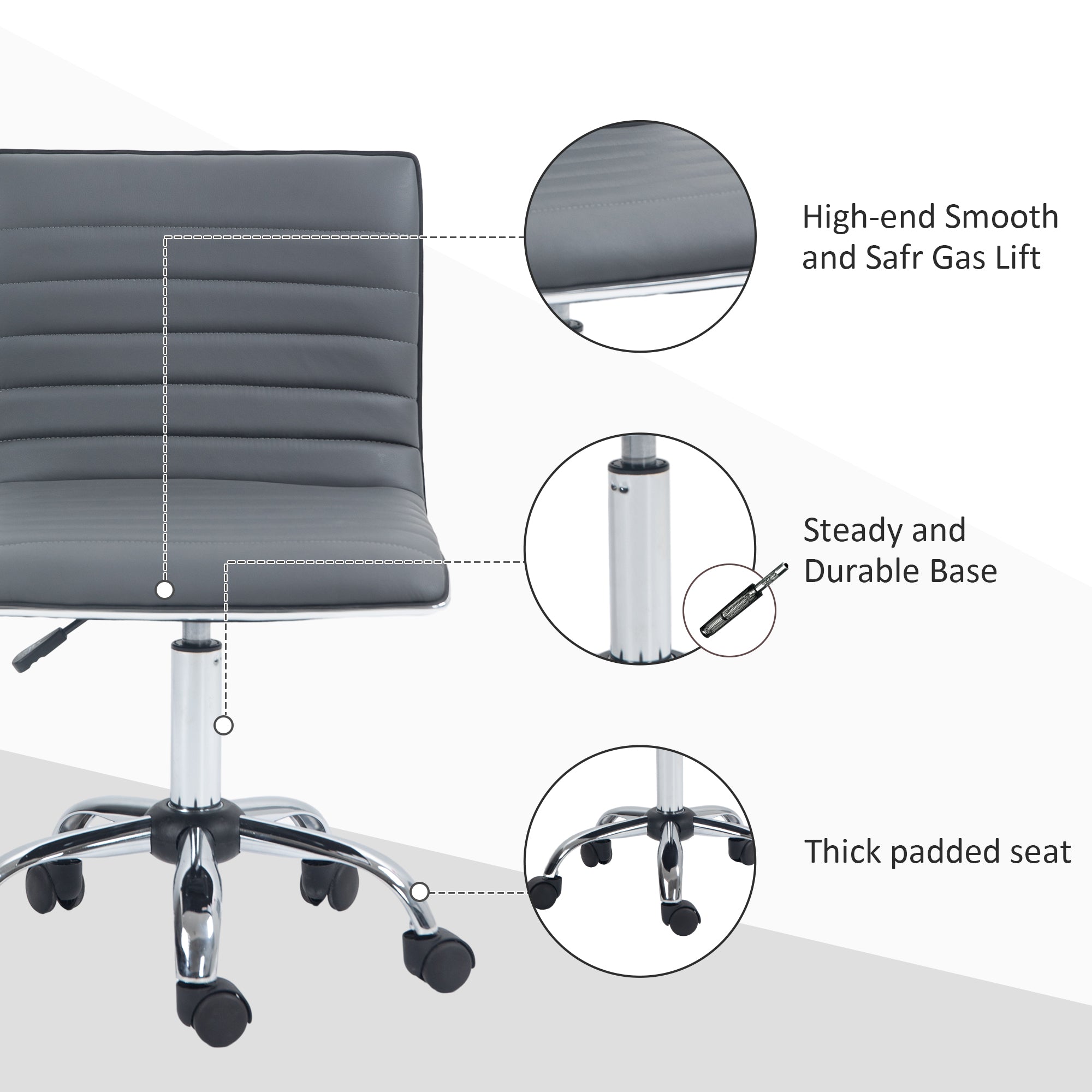 HOMCOM Adjustable Swivel Office Chair with Armless Mid-Back in PU Leather and Chrome Base - Dark Grey - North Peak Garden Furniture