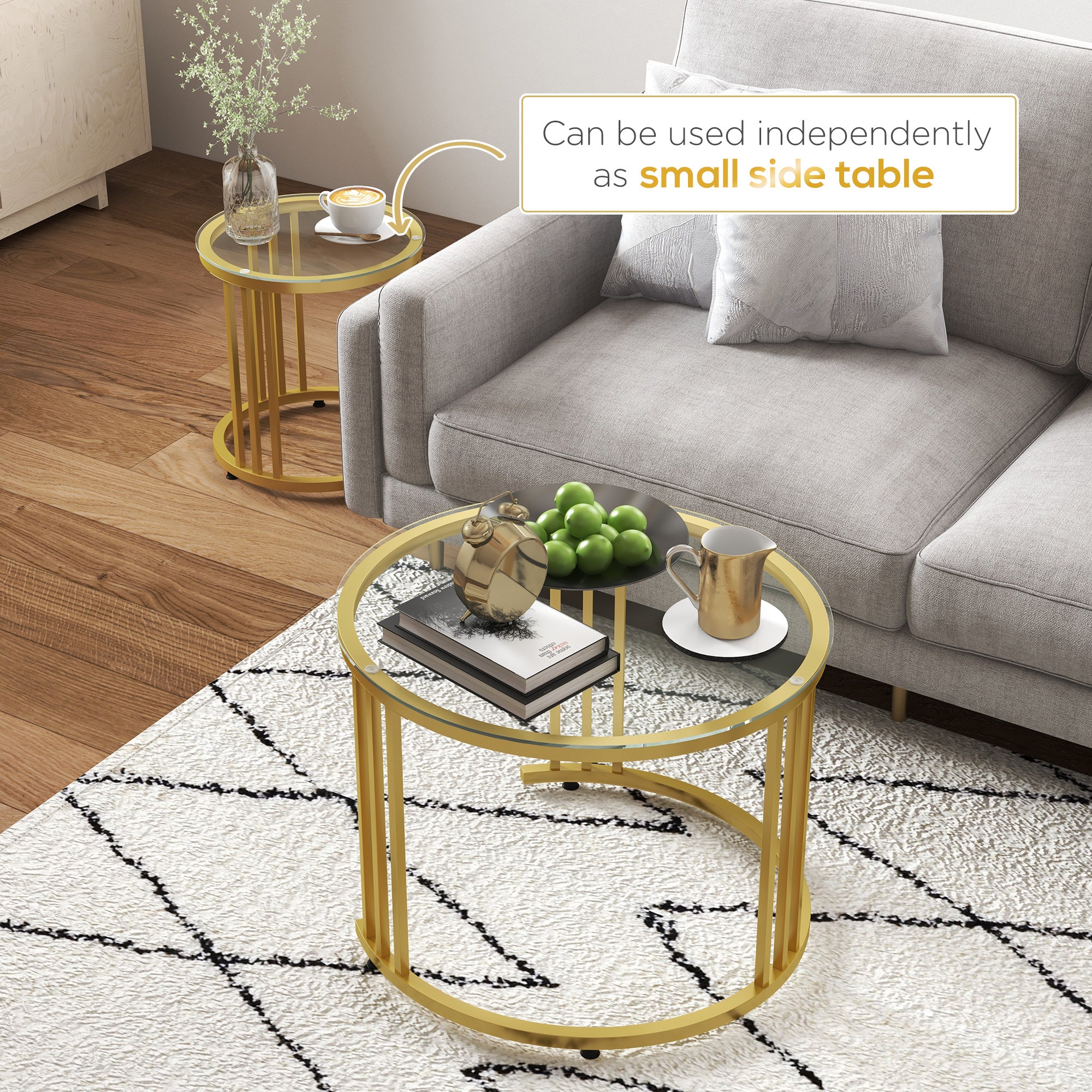 HOMCOM Round Coffee Tables Set of 2, Nesting Tables with Tempered Glass Top and Steel Frame, 60cmx60cmx47cm, Gold Tone - North Peak Garden Furniture