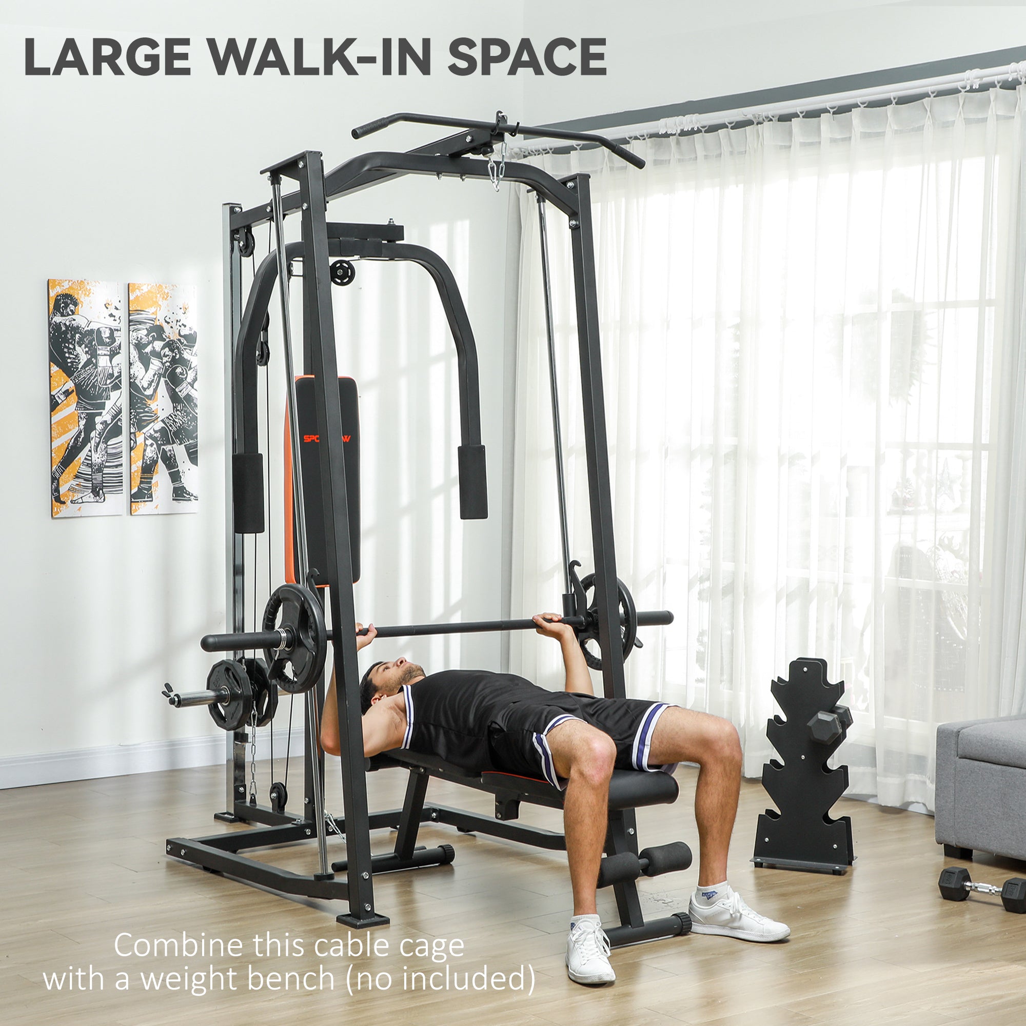 SPORTNOW 3-in-1 Smith Machine with Dual Cable Pulley System, Chest Press Station, 17-Level Squat Rack and Barbell Bar