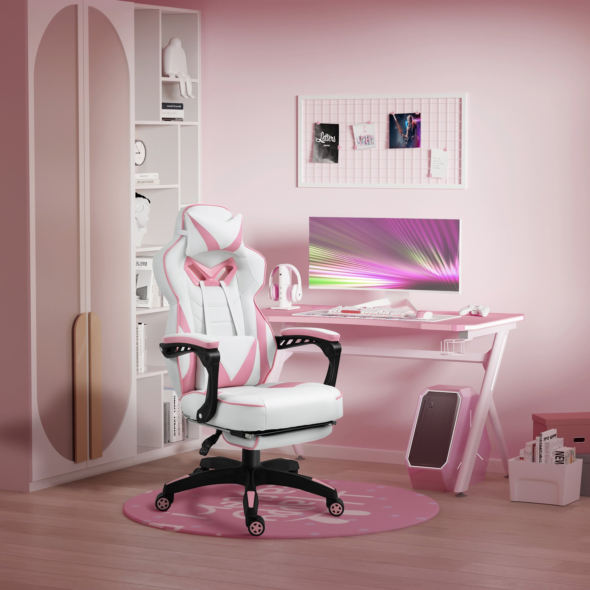 Vinsetto Computer Gaming Chair, Racing Desk Chair with Lumbar Support and Footrest, PU Leather Gamer Chair with Headrest and Swivel Wheels for Home, Pink - North Peak Garden Furniture