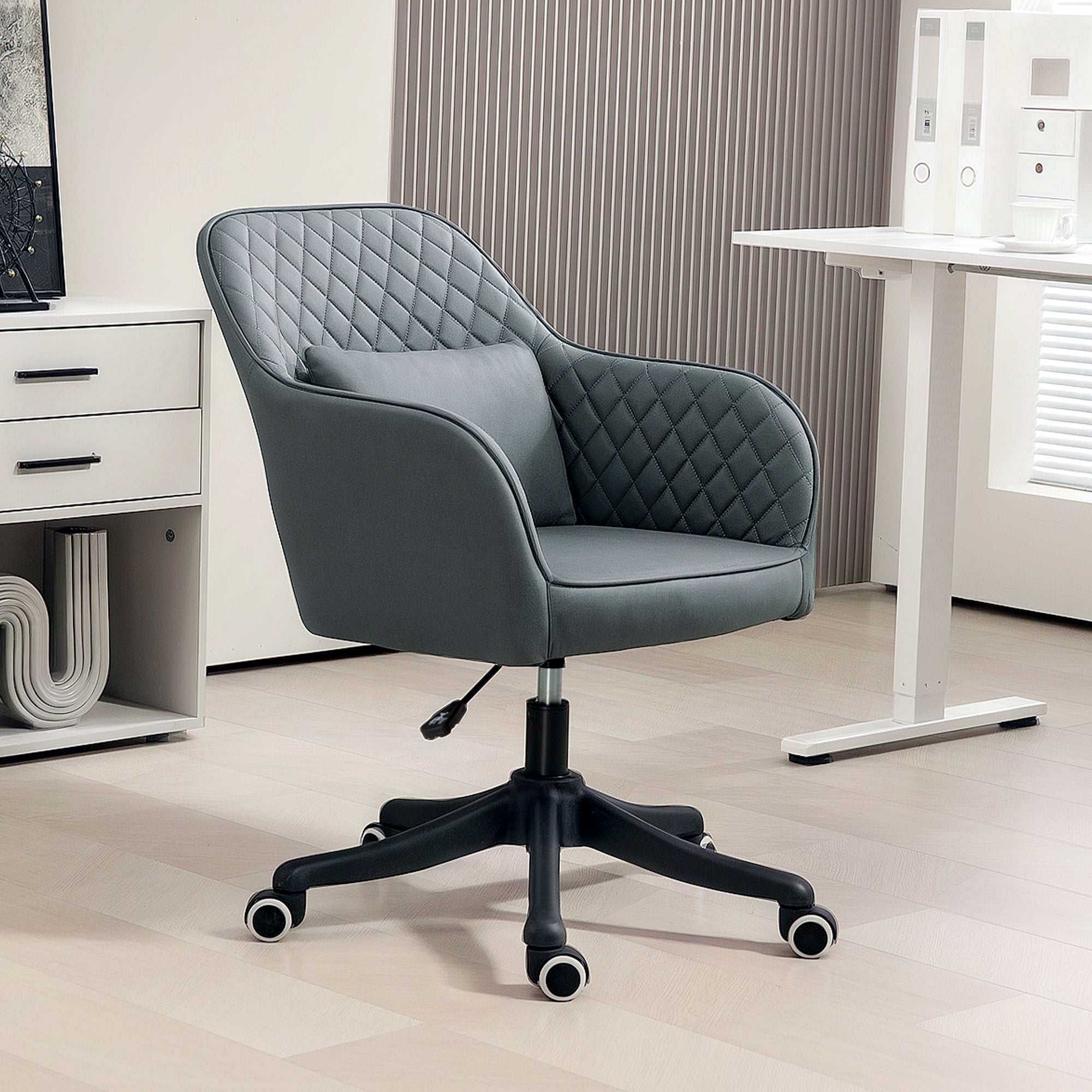Vinsetto Microfiber Office Chair, Desk Chair, Makeup Vanity Chair with Massage Lumbar Pillow and Rolling Wheels for Bedroom and Home, Grey - North Peak Garden Furniture