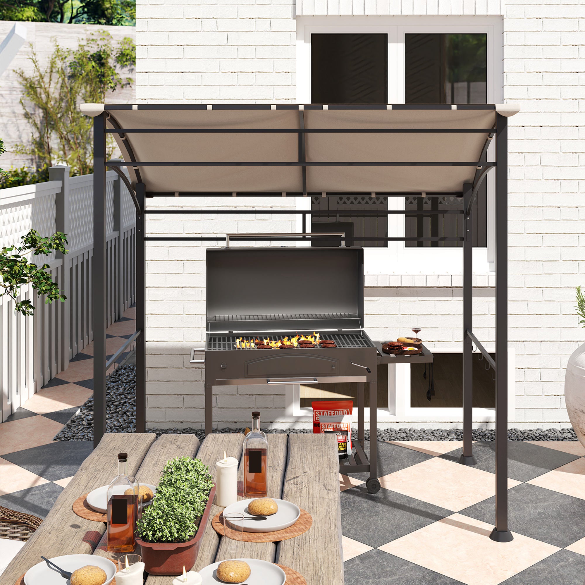 Outsunny 2.2 x 1.5 m BBQ Grill Gazebo Tent, Garden Grill with Metal Frame, Curved Canopy and 10 Hooks, Outdoor Sun Shade, Khaki - North Peak Garden Furniture