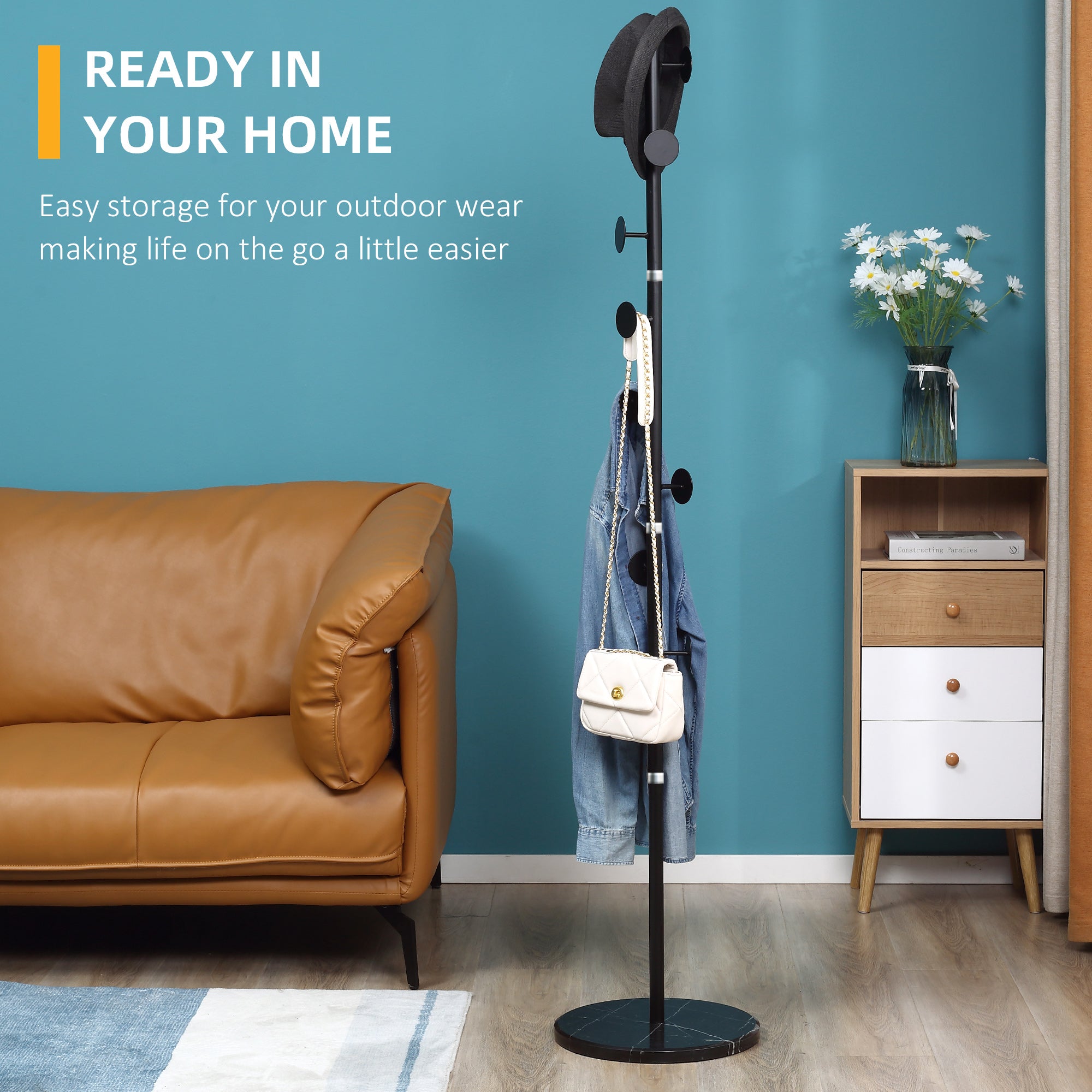 HOMCOM Coat Rack Free Standing Hall Tree with 8 Round Disc Hooks for Clothes, Hats,Purses, Steel Entryway Coat Stand with Marble Base for Entryway, Living Room, Bedroom, Black - North Peak Garden Furniture
