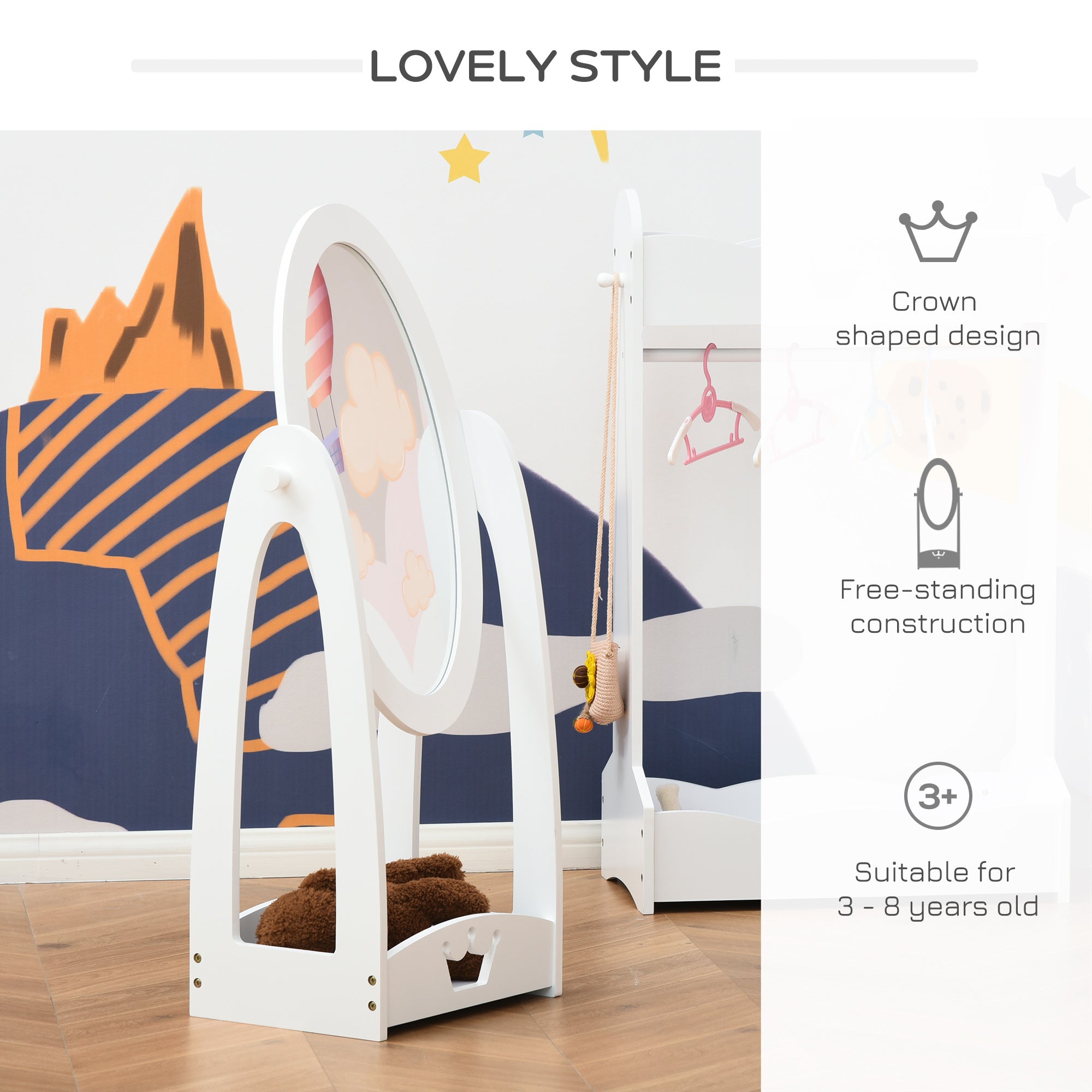HOMCOM Free Standing Full Length Mirror, Child's Dressing Mirror with storage shelf, Children's White Bedroom Furniture 360° Rotation MDF, For 3- 8 Years Old, 40L x 30W x 104H cm - North Peak Garden Furniture