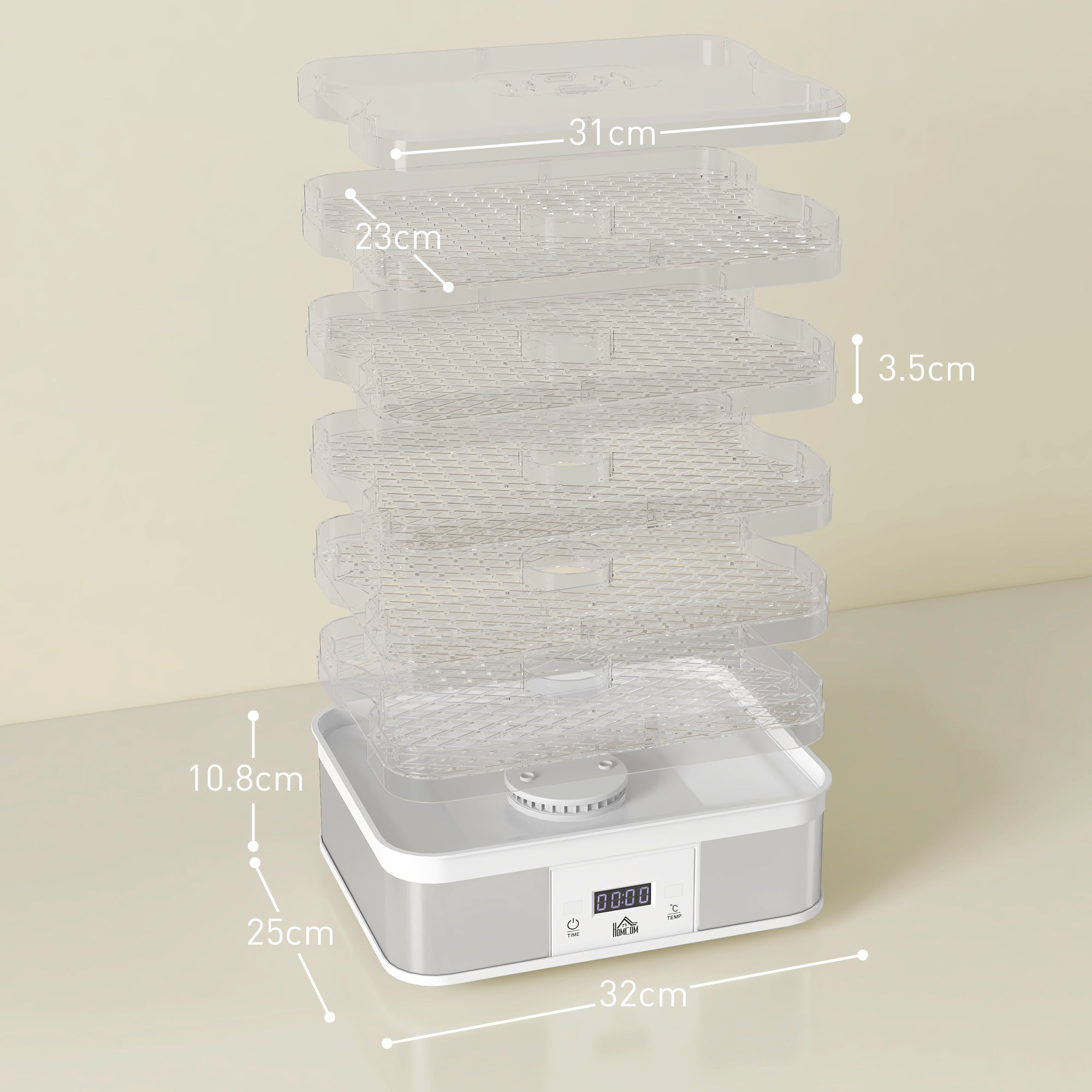 HOMCOM 5 Tier Food Dehydrator, 245W Stainless Steel Food Dryer Machine with Adjustable Temperature, Timer and LCD Display for Drying Fruit, Meat, Vegetable, Jerky and Pet Treat, White - North Peak Garden Furniture