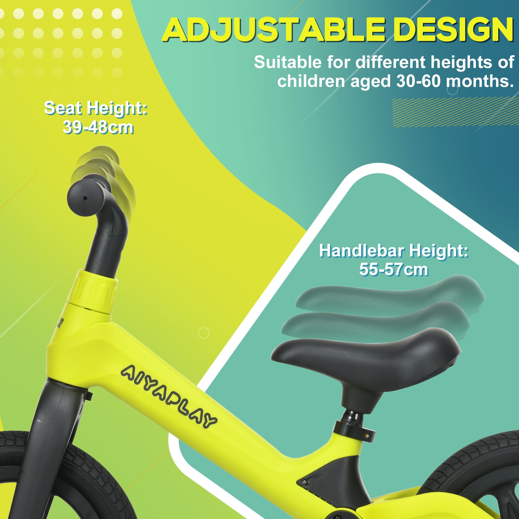 AIYAPLAY Balance Bike with Adjustable Seat and Handlebar, PU Wheels, No Pedal, for Ages 30-60 Months - Green - North Peak Garden Furniture