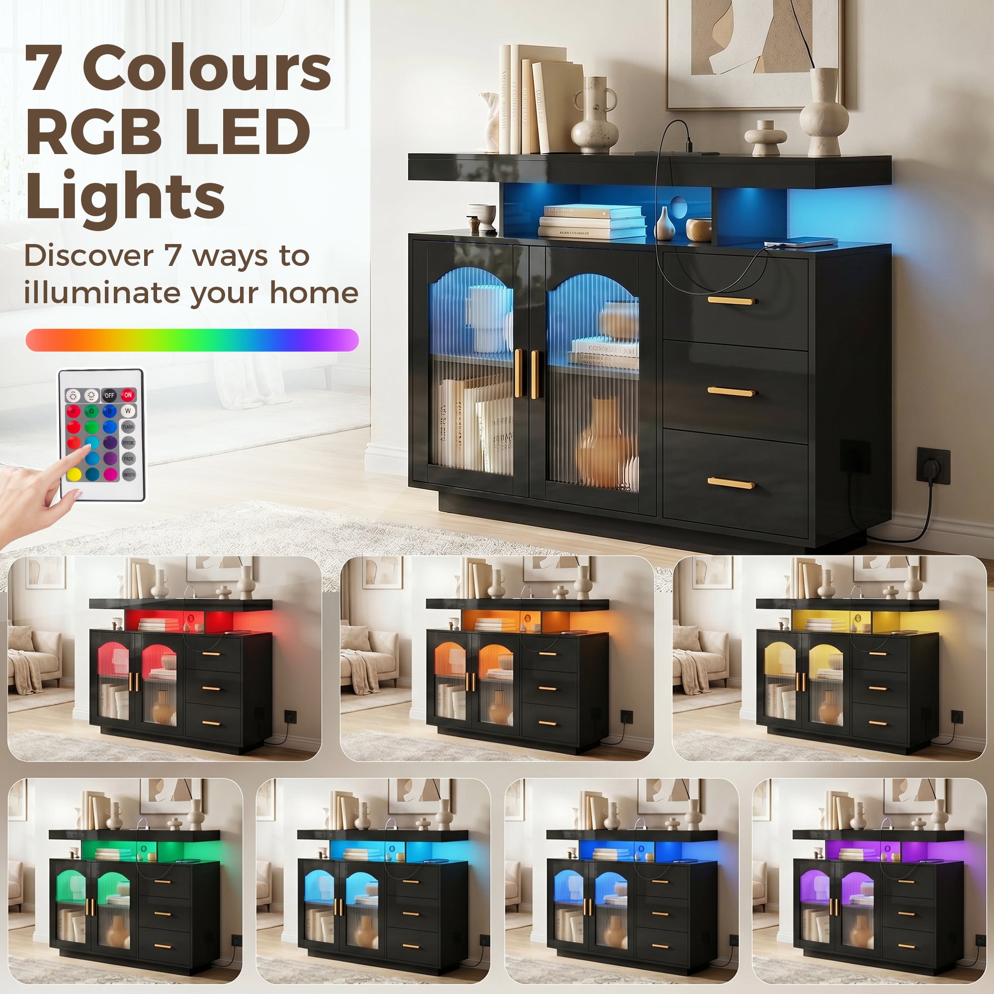 HOMCOM High Gloss Sideboard with LED Lights, Built-in Power Outlets, 3 Drawers, Shelves and 2 Acrylic Doors, Black