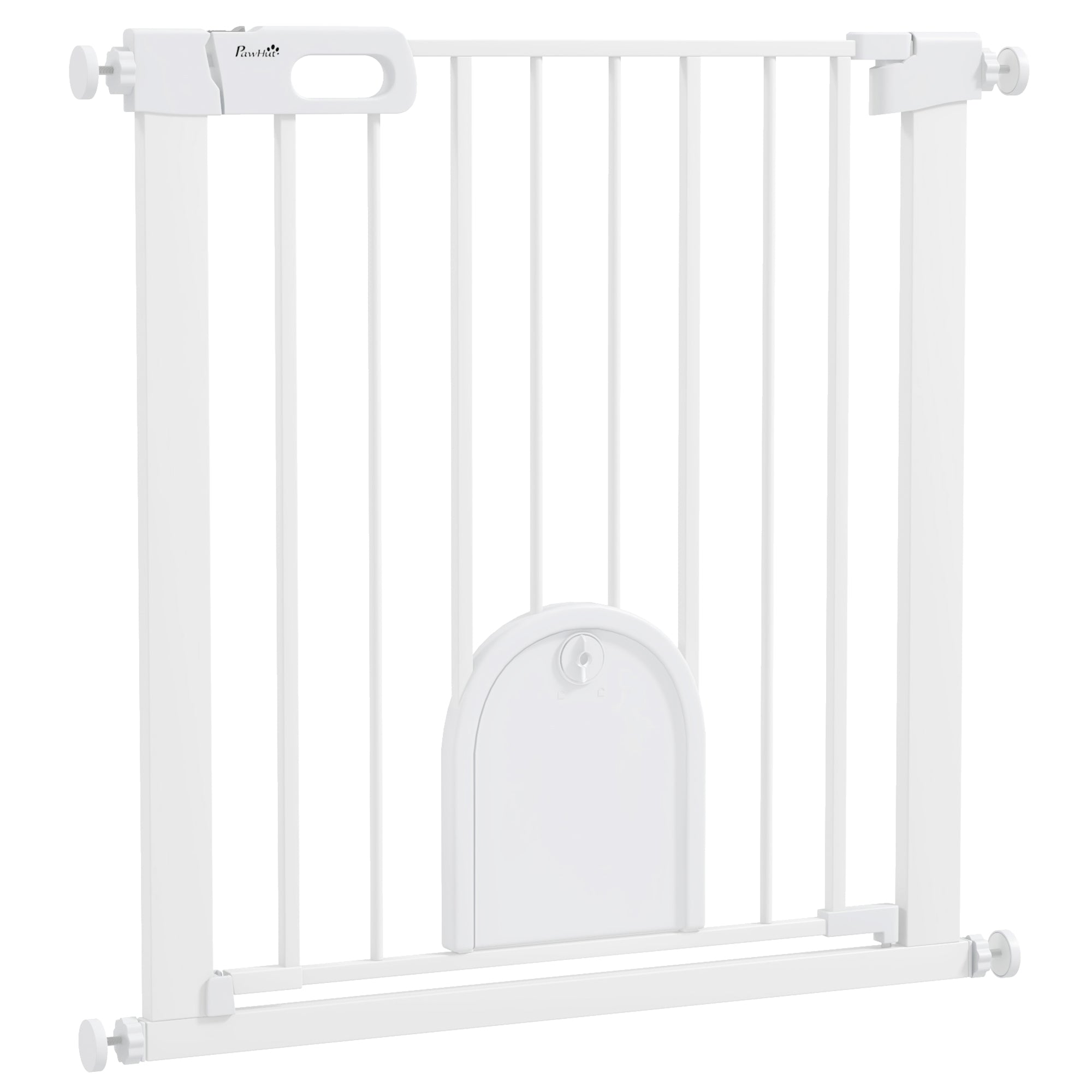 PawHut 75-82cm Pet Safet Gaye, Pressure Fit Stair, with Cat Flap, Double Locking, White - North Peak Garden Furniture