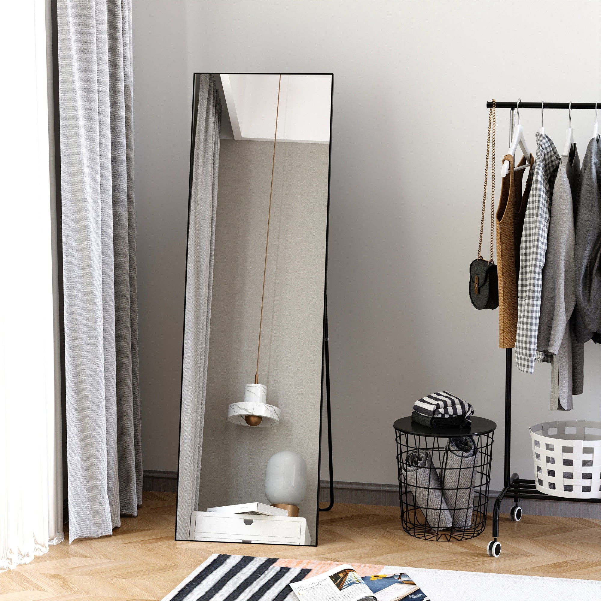 HOMCOM Full Length Dressing Mirror, Floor Standing or Wall Hanging, Aluminium Alloy Framed Full Body Mirror for Bedroom, Living Room, 50 x 161.5cm, Black - North Peak Garden Furniture