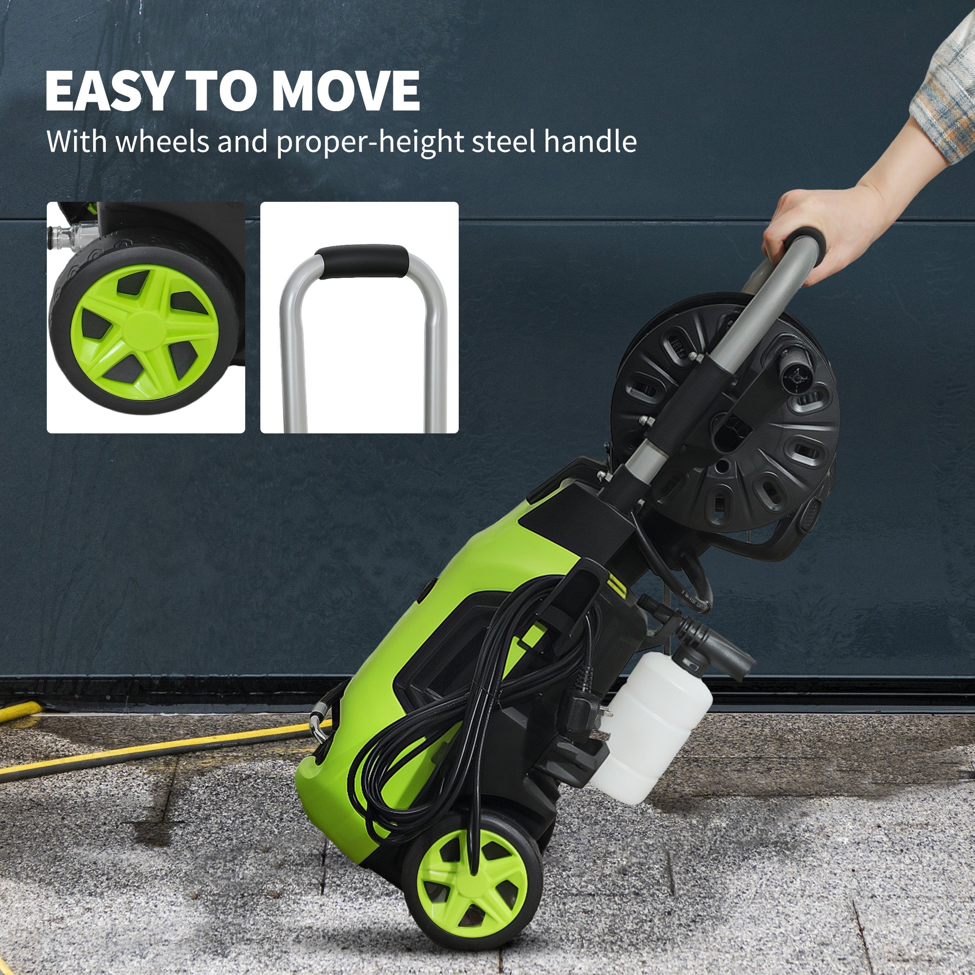 Outsunny 1800W High Pressure Washer, 150 Bar Pressure, 420 L/h Flow, Portable Power Washer Jet Wash Cleaner with Adjustable Nozzle, 6M Hose, Hose Reel, Steel Handle for Home Patio Car Driveway, Green - North Peak Garden Furniture