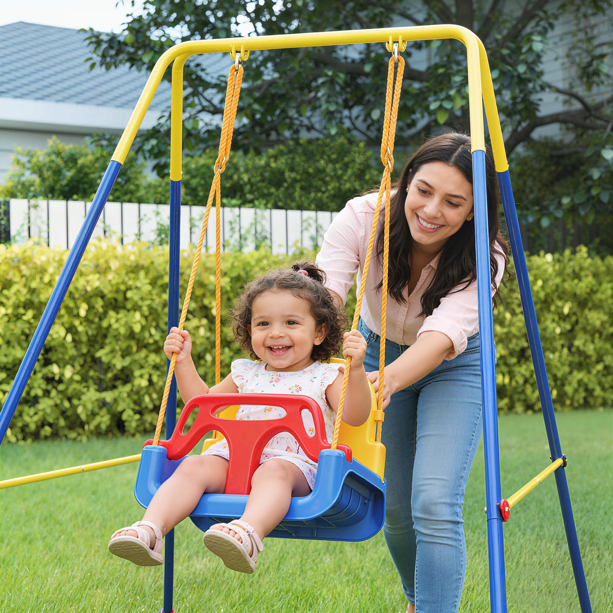 AIYAPLAY 3 in 1 Toddler Swing Set, Folding Child Swing Set with Seat Belt, Adjustable Seat for Outdoor Indoor, Blue