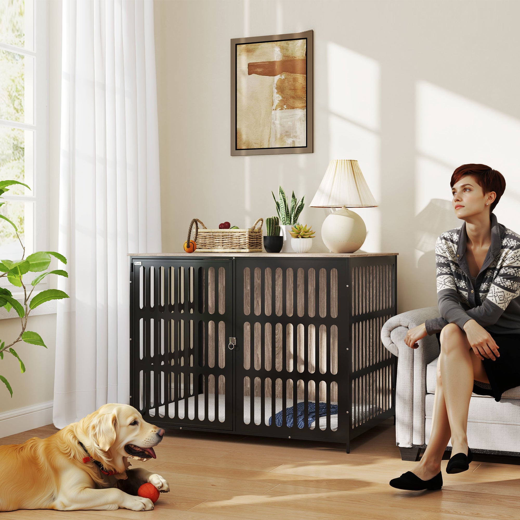 PawHut Dog Crate Furniture with Anti-Chew Resistant Mesh, Anti-Escape Single Door, for Extra Large Dogs, 118 x 80 x 92 cm - North Peak Garden Furniture