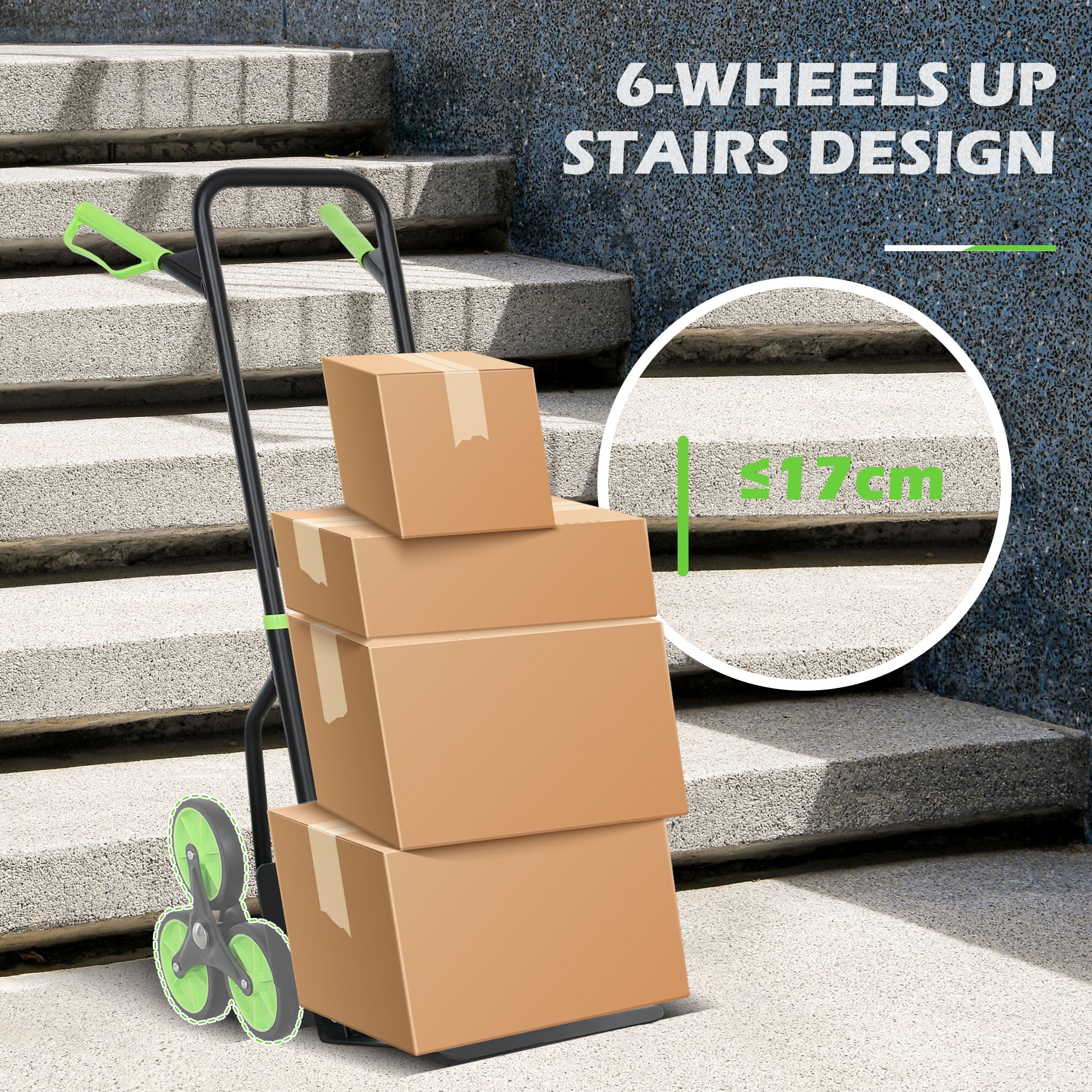 DURHAND Steel Climbing Stairs Trolley Hand Trucks 6-Wheels Foldable Load Cart 120kg, Green - North Peak Garden Furniture