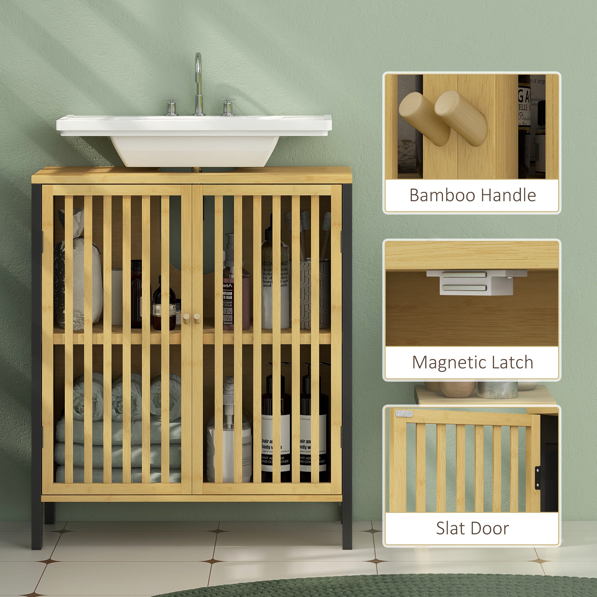 HOMCOM Bamboo-Blend Retro Cut-Out Under Sink Cabinet - North Peak Garden Furniture