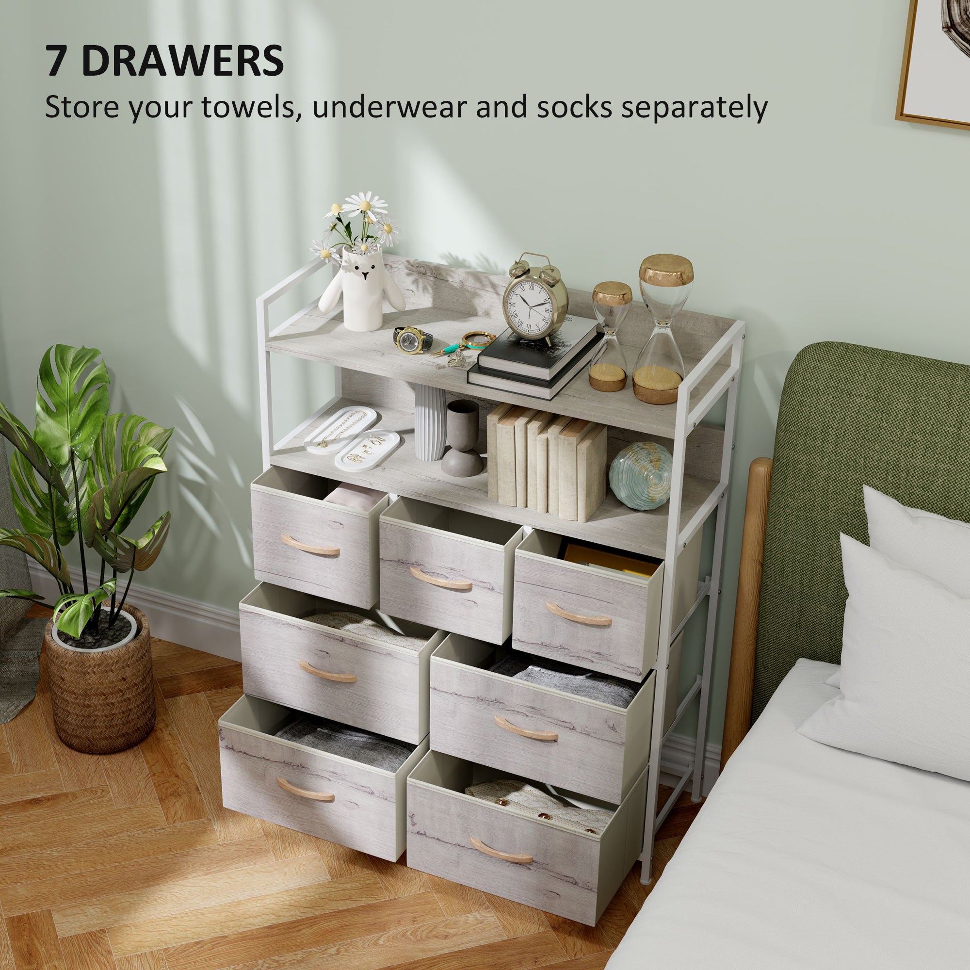 HOMCOM Rustic Chest of Seven Fabric Drawers - Natural Wood Finish - North Peak Garden Furniture