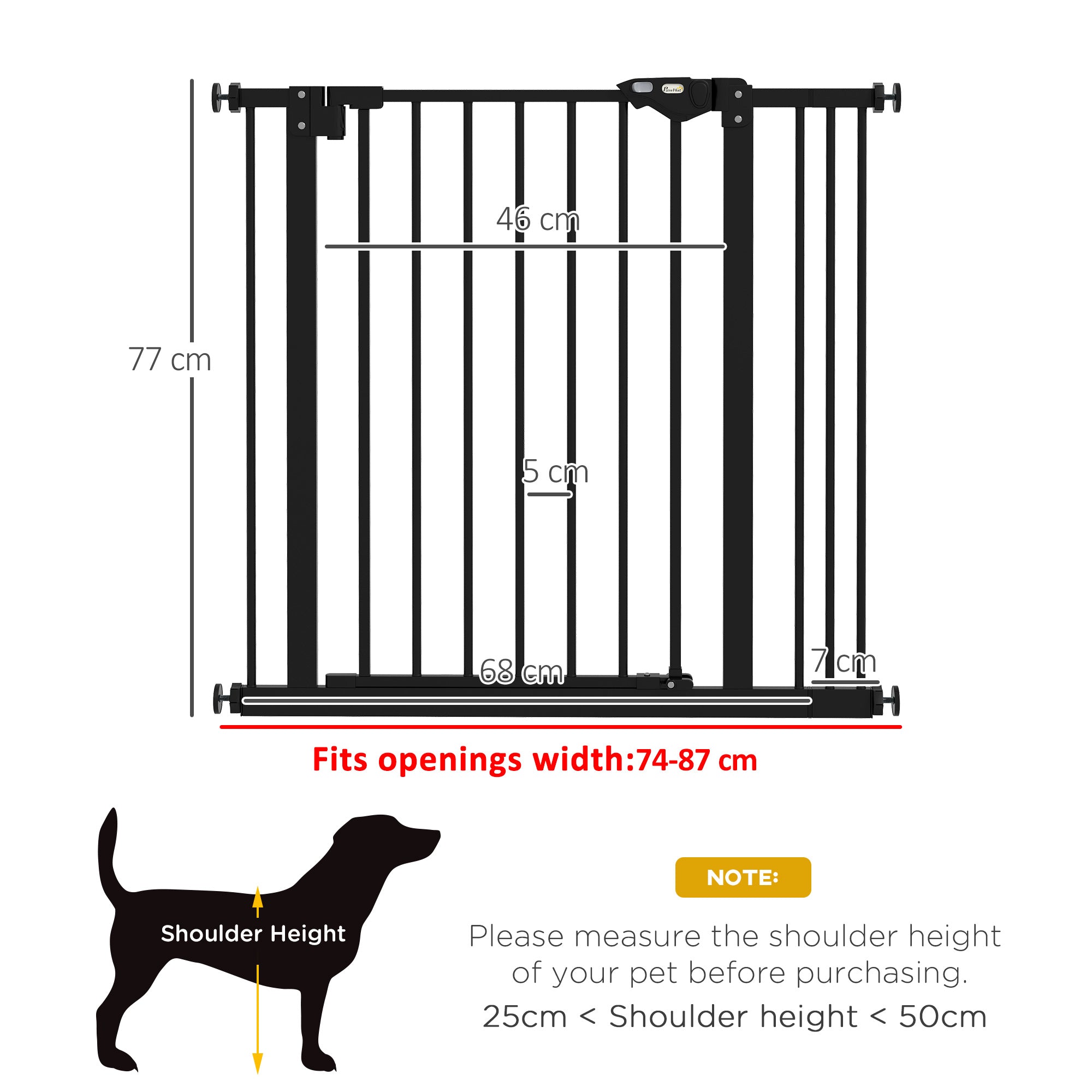 PawHut Metal 74-87cm Wide Adjustable Dog Gate Black - North Peak Garden Furniture