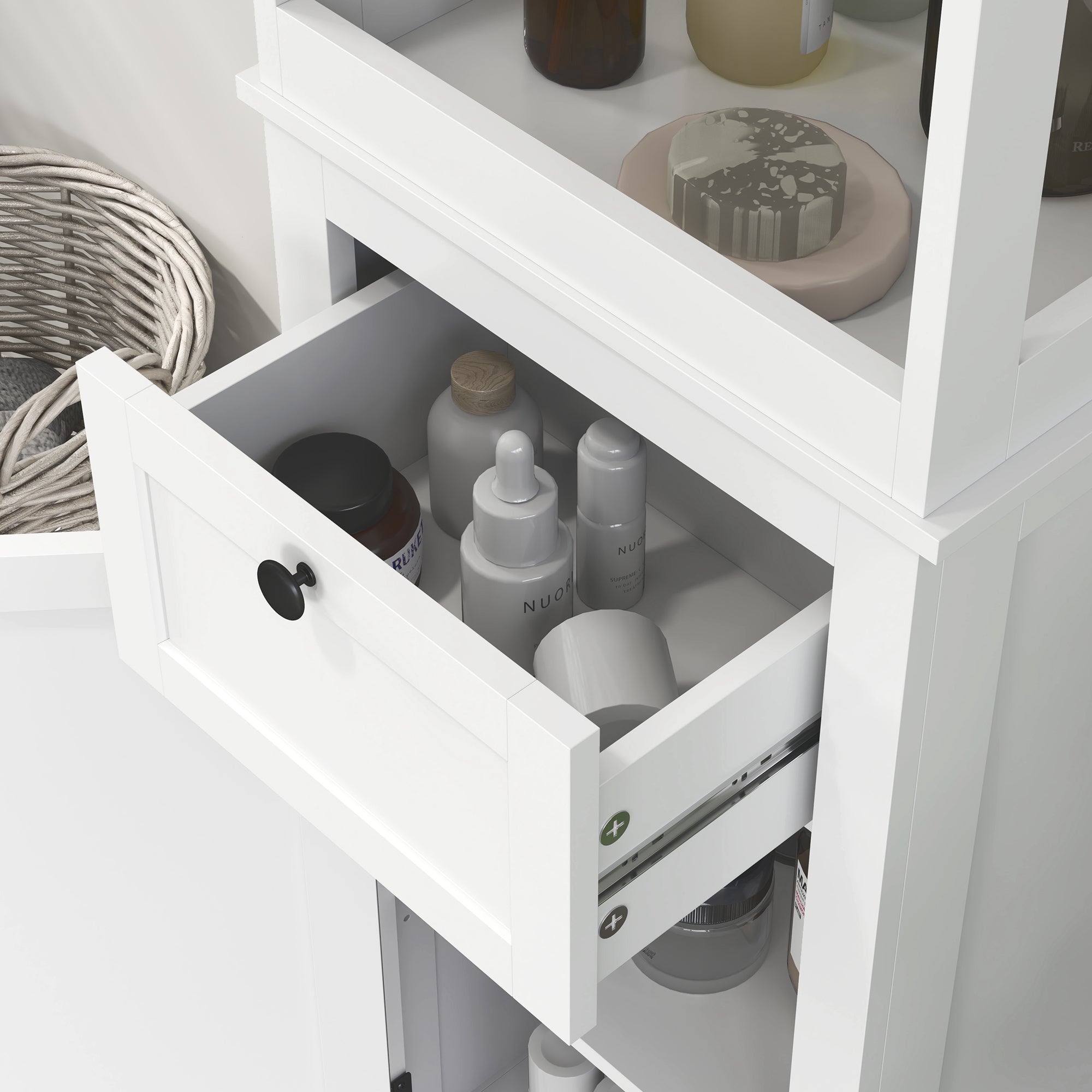 HOMCOM Tall Bathroom Cabinet, Slim Bathroom Storage Cabinet with 2 Open Shelves, Soft Close Door and Drawer, Adjustable Shelf, Narrow Cupboard Storage Unit, White - North Peak Garden Furniture