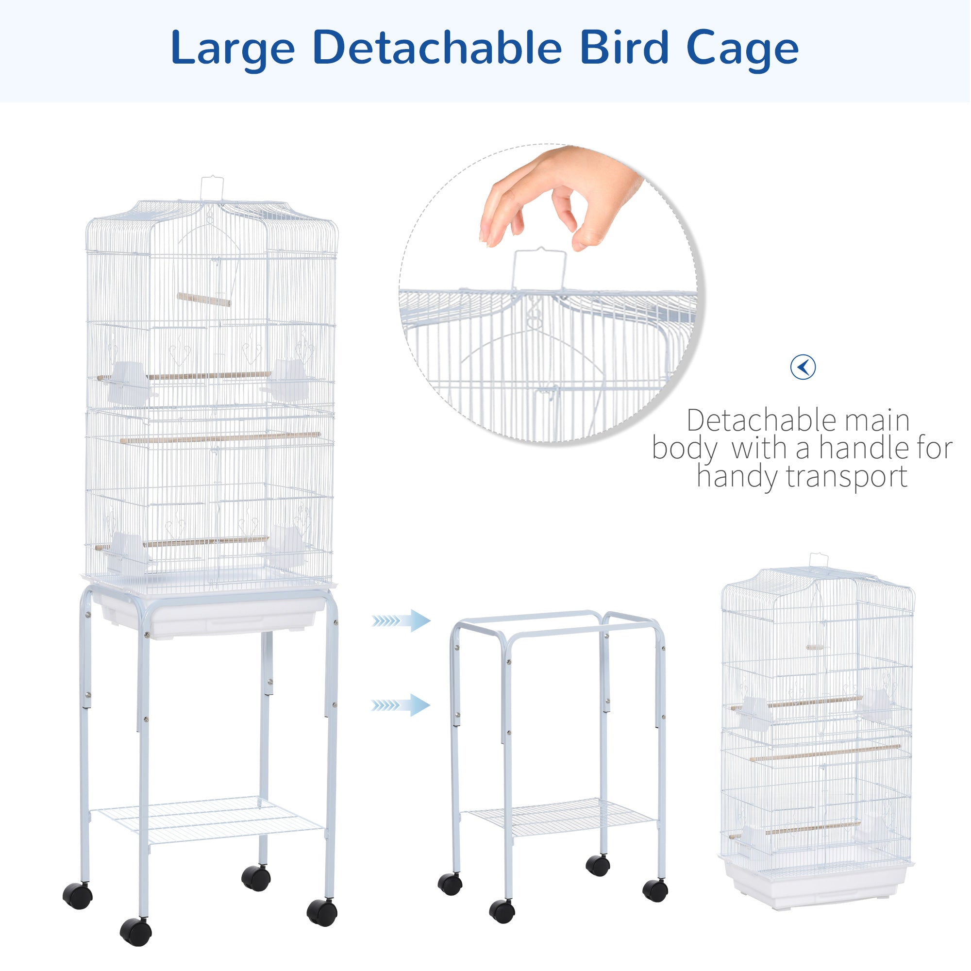 PawHut Bird Cage Budgie Cages for Finch Canary Parakeet with Stand Wheels Slide-out Tray Accessories Storage Shelf, White 46.5 x 36 x 157 cm - North Peak Garden Furniture