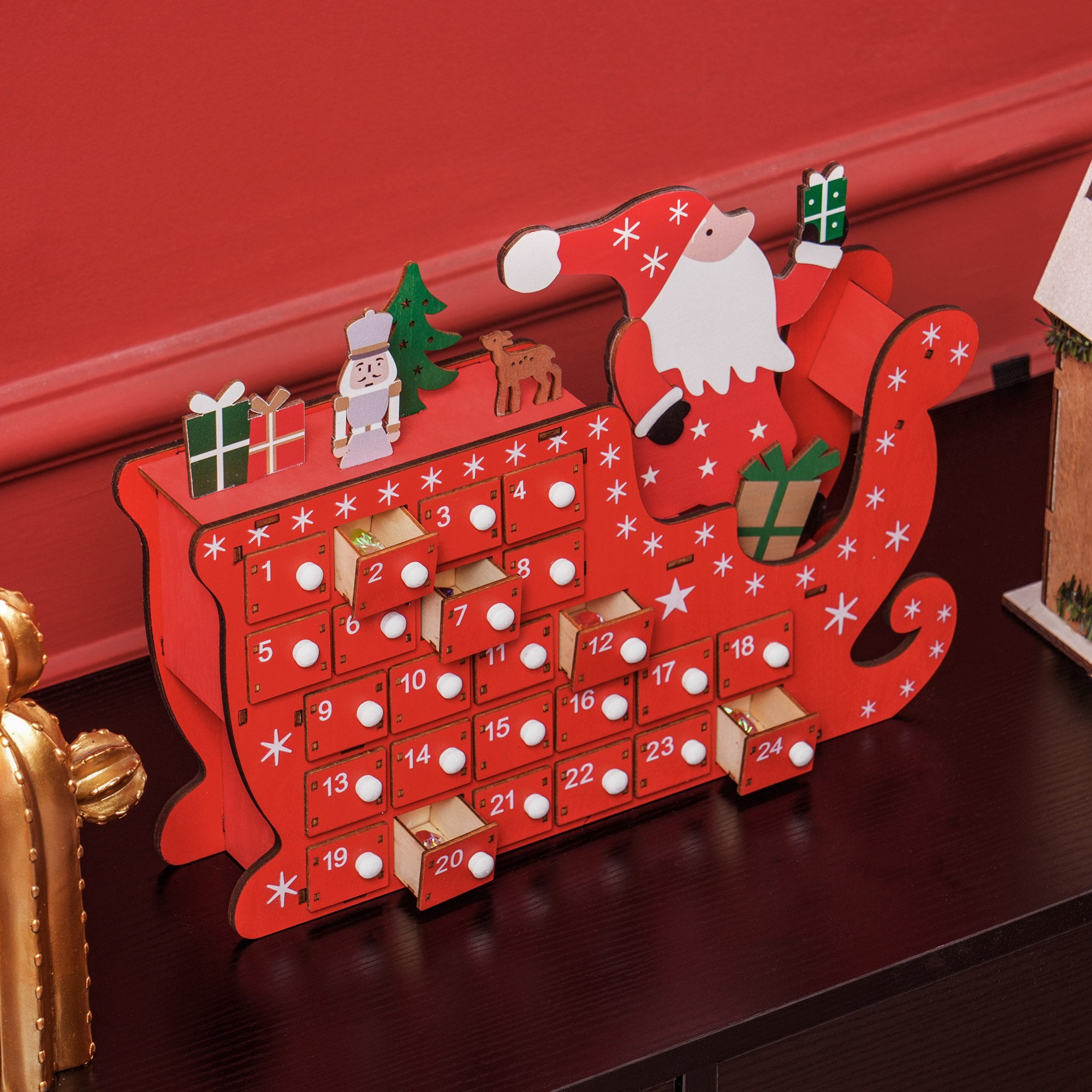 HOMCOM 24-Drawer Reusable Santa Sleigh Christmas Advent Calendar - North Peak Garden Furniture