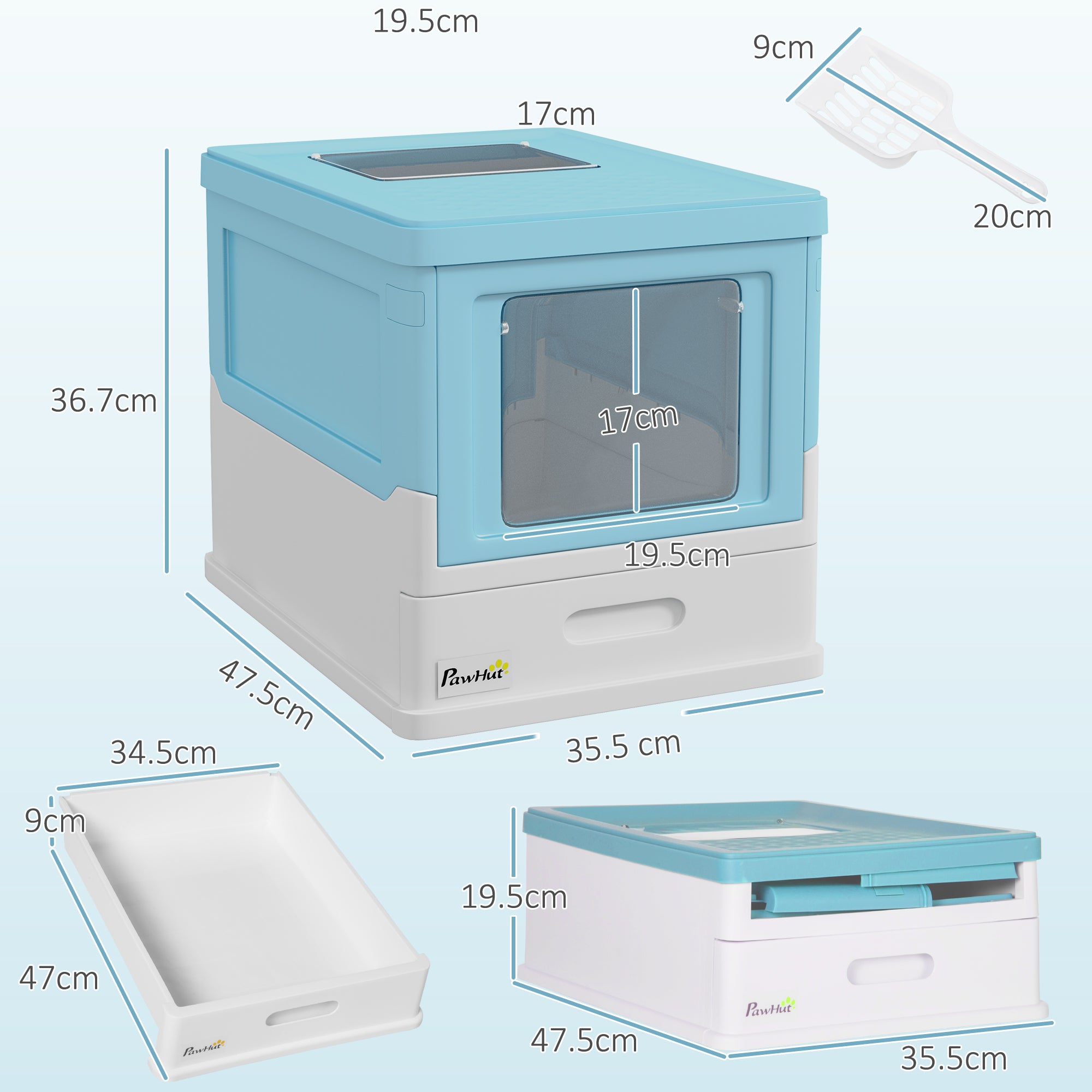 PawHut Hooded Cat Litter Box, Portable Pet Toilet, with Scoop, Front Entry - Light Blue - North Peak Garden Furniture