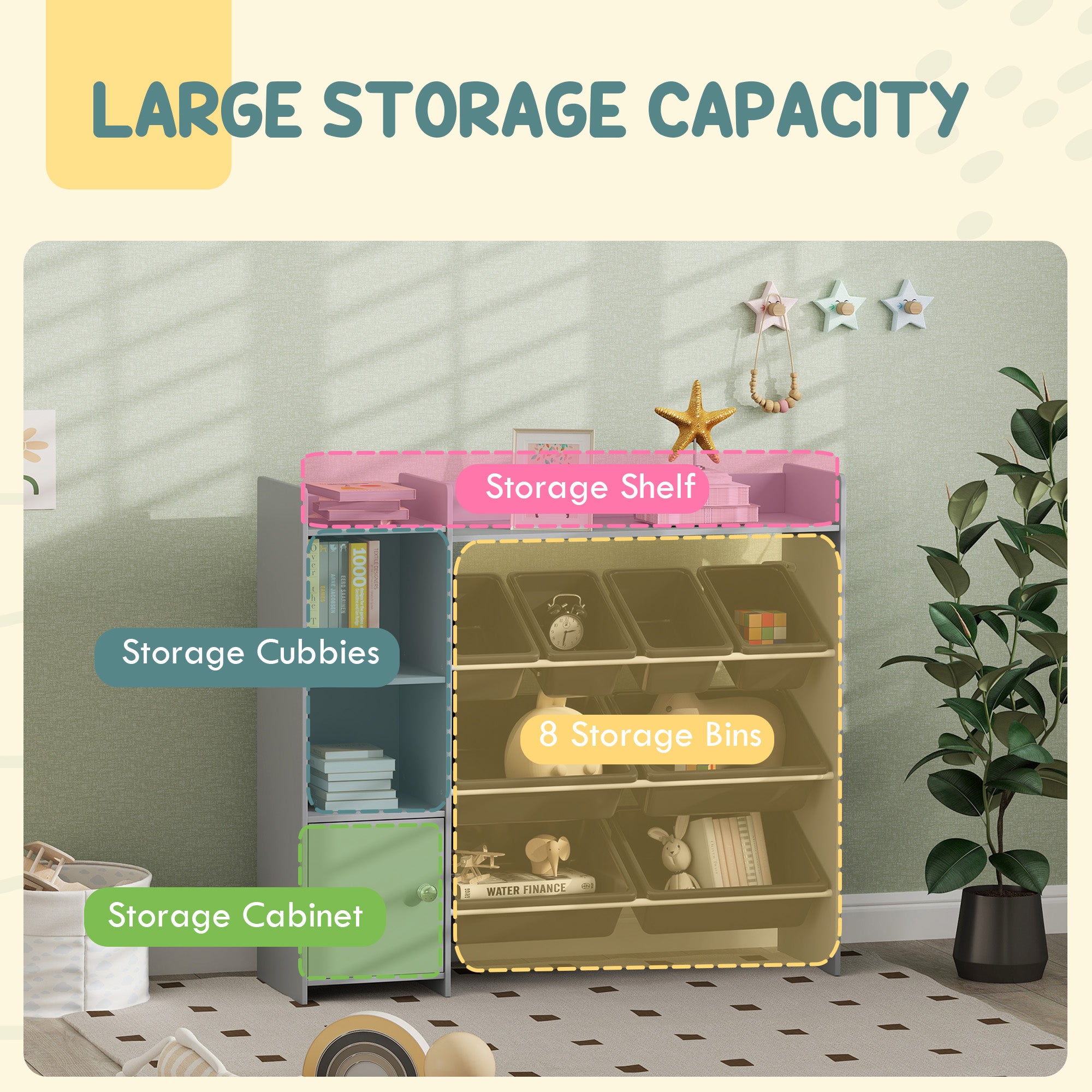 AIYAPLAY Toy Storage Unit with 8 Removable Bins, Storage Shelves, Cabinet, Grey - North Peak Garden Furniture