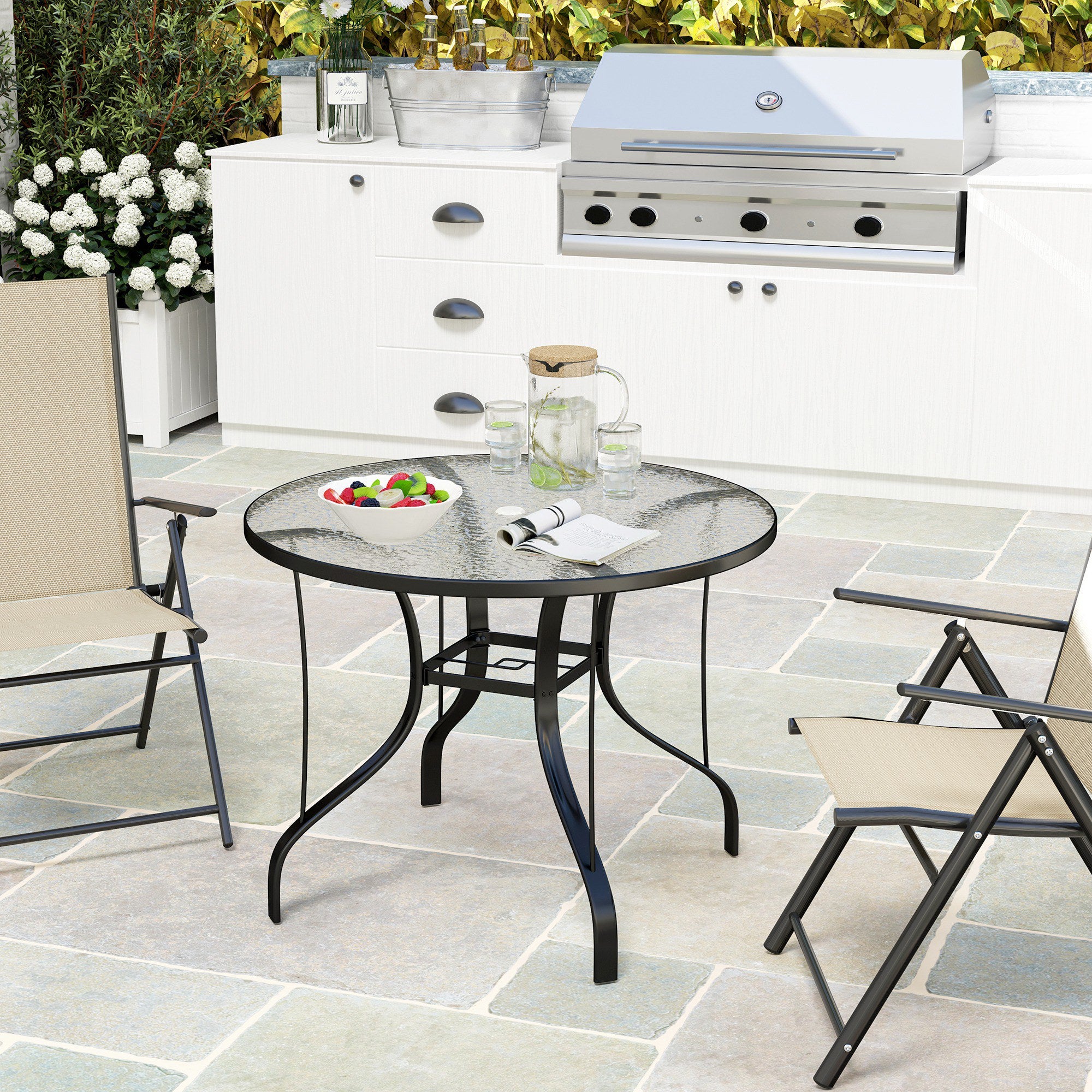Outsunny Tempered Glass Top Round Outdoor Dining Table with Parasol Hole, 96.5 x 96.5 x 71 cm - North Peak Garden Furniture