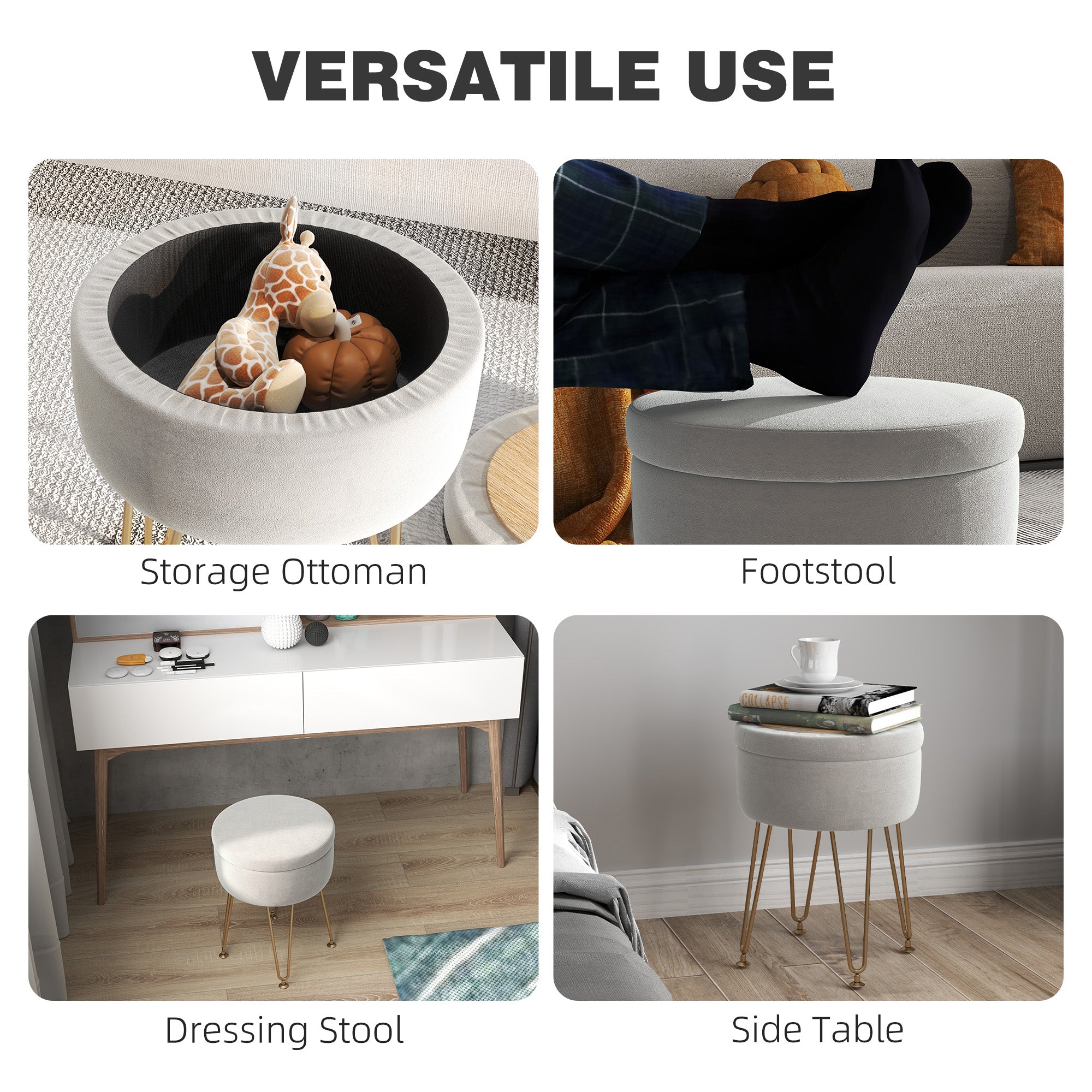 HOMCOM 5L Velvet-Feel Storage Ottoman - Cream White - North Peak Garden Furniture