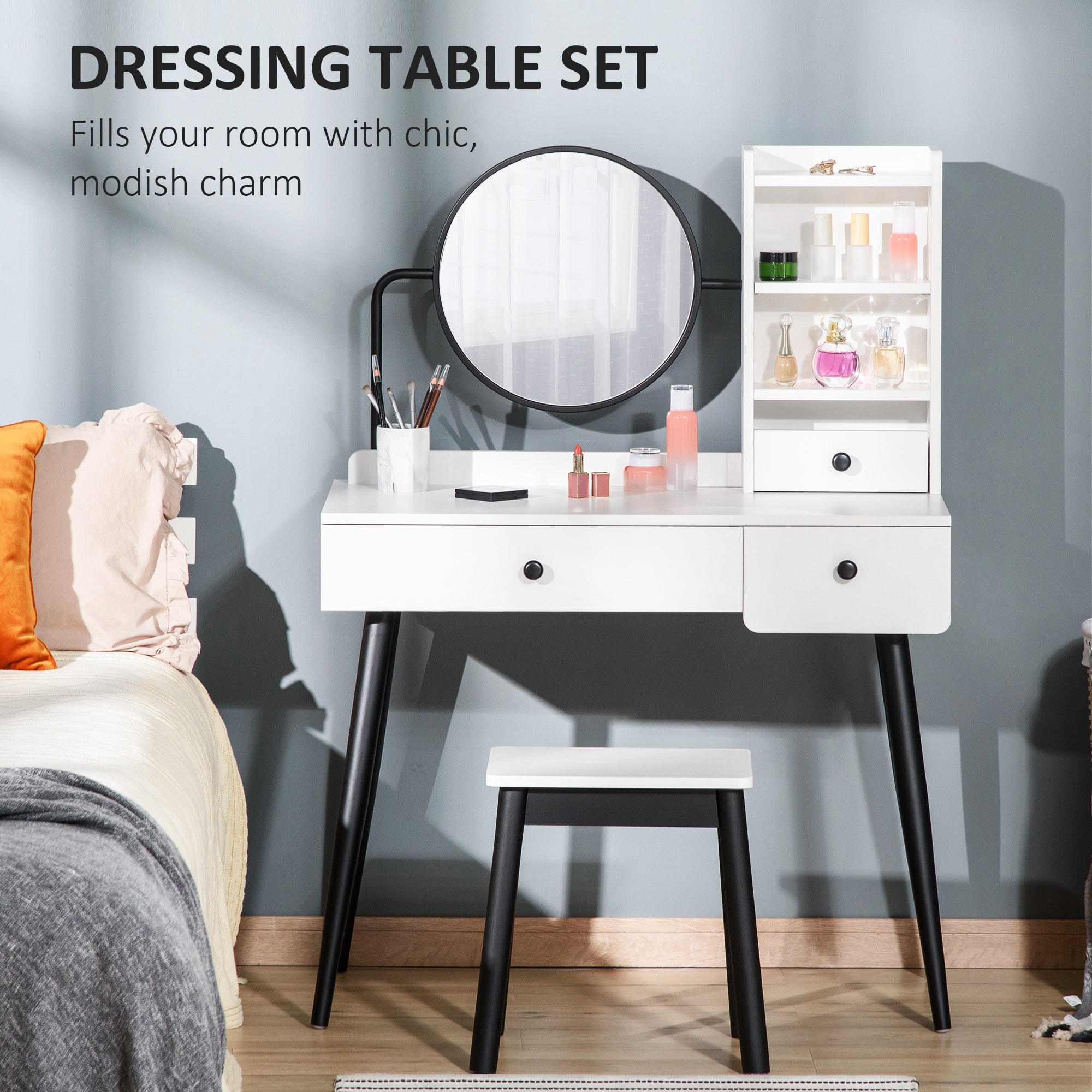 HOMCOM Dressing Table Set with Mirror and Stool, Vanity Makeup Table with 3 Drawers and Open Shelves for Bedroom, Living Room, White - North Peak Garden Furniture