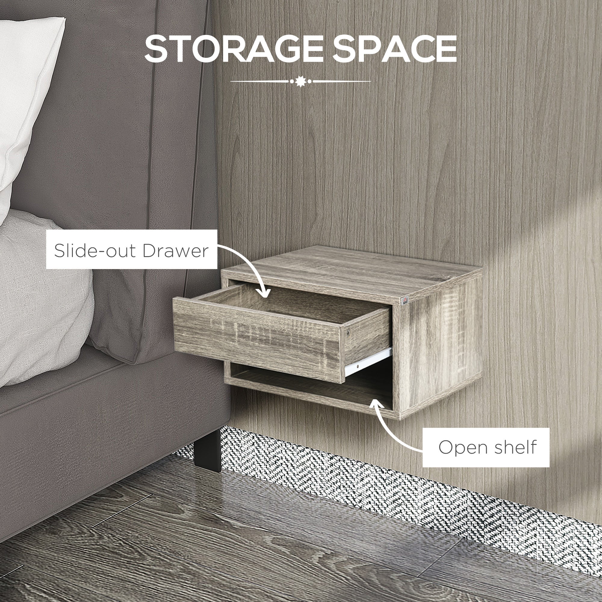 HOMCOM Set of Two Floating Bedside Tables Wall Mounted Nightstands with Drawer and Shelf for Bedroom, Brown Wood-Effect - North Peak Garden Furniture