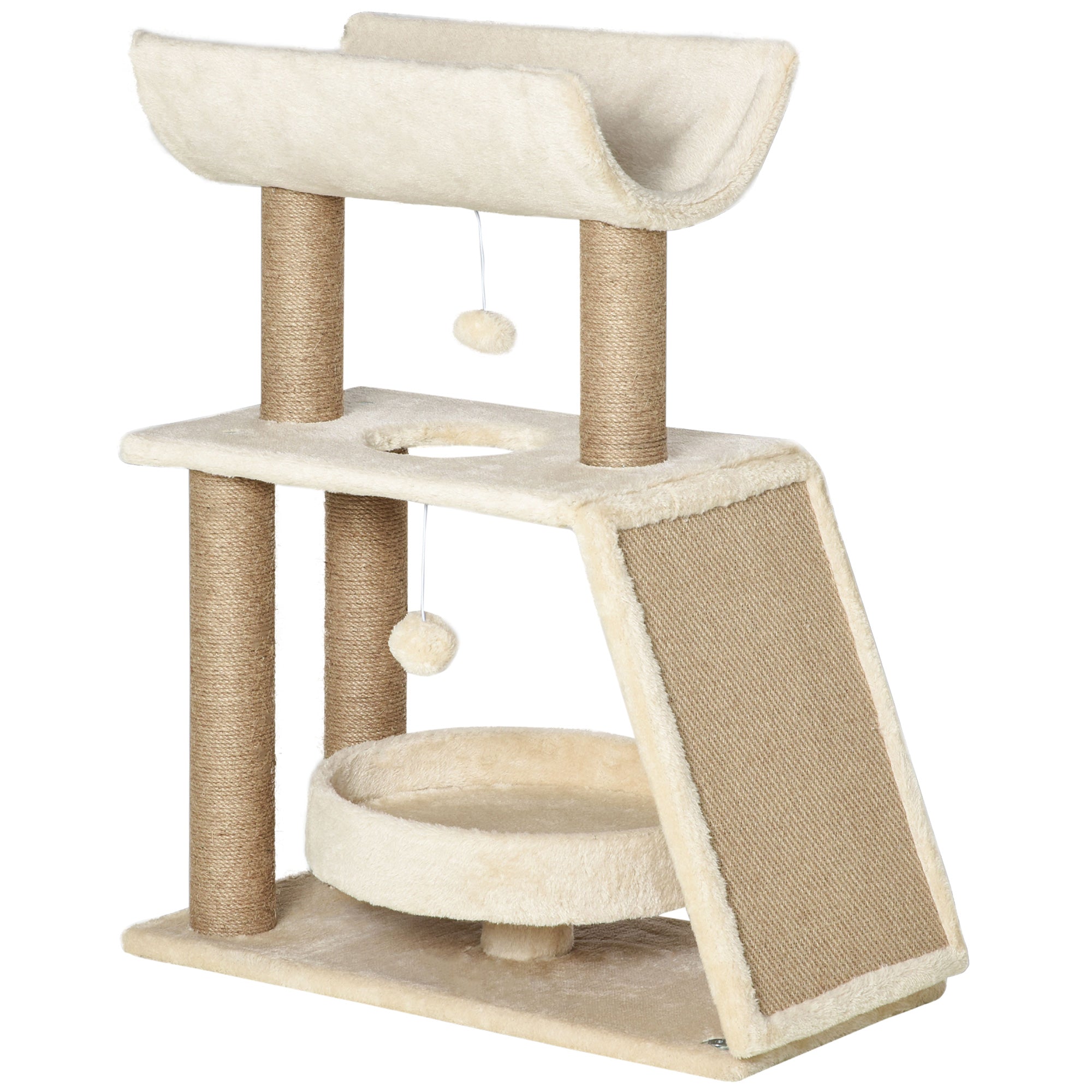 PawHut Cat Tree Tower, with Scratching Posts, Pad, Bed, Perch, Toy Ball - Light Brown