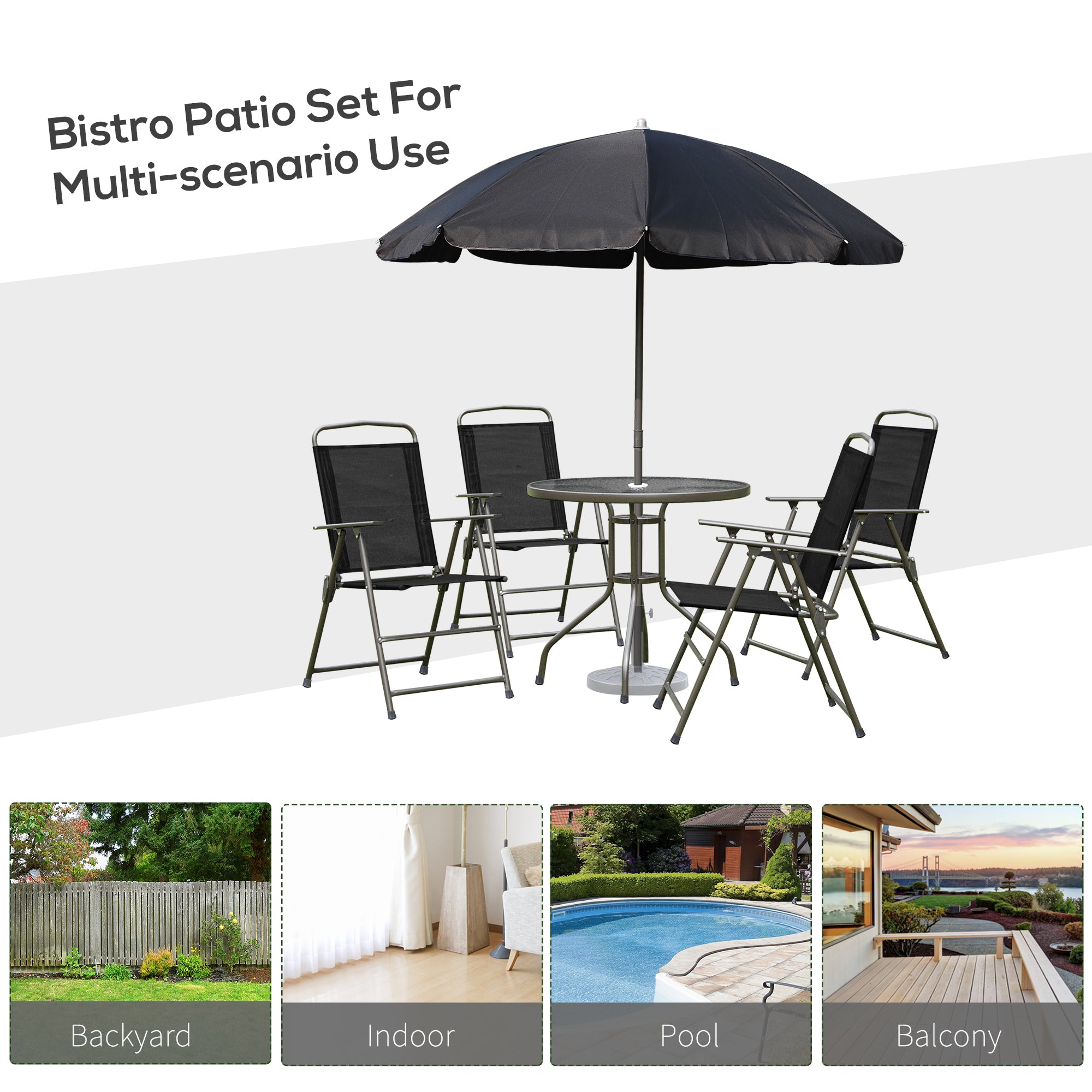 Outsunny 6 Piece Garden Dining Set with Umbrella, Patio Sets with Parasol with 4 Folding Dining Chairs & Round Tempered Glass Table, Black - North Peak Garden Furniture
