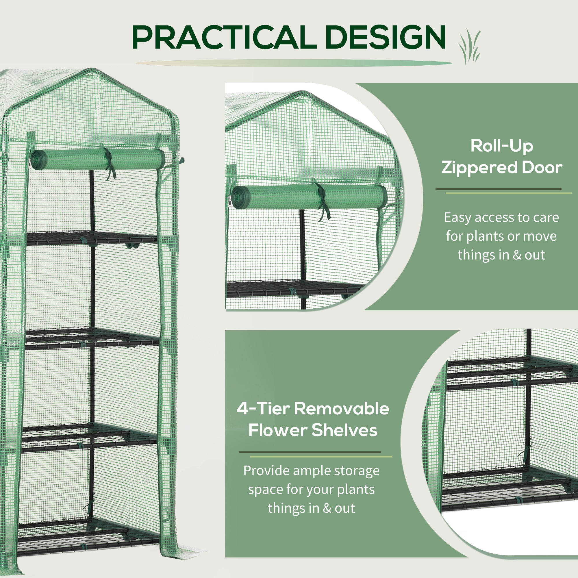Outsunny 4 Tier Mini Greenhouse, Portable Compact Green House with Steel Frame, PE Cover, Roll-up Door, 70 x 50 x 160 cm, Green - North Peak Garden Furniture