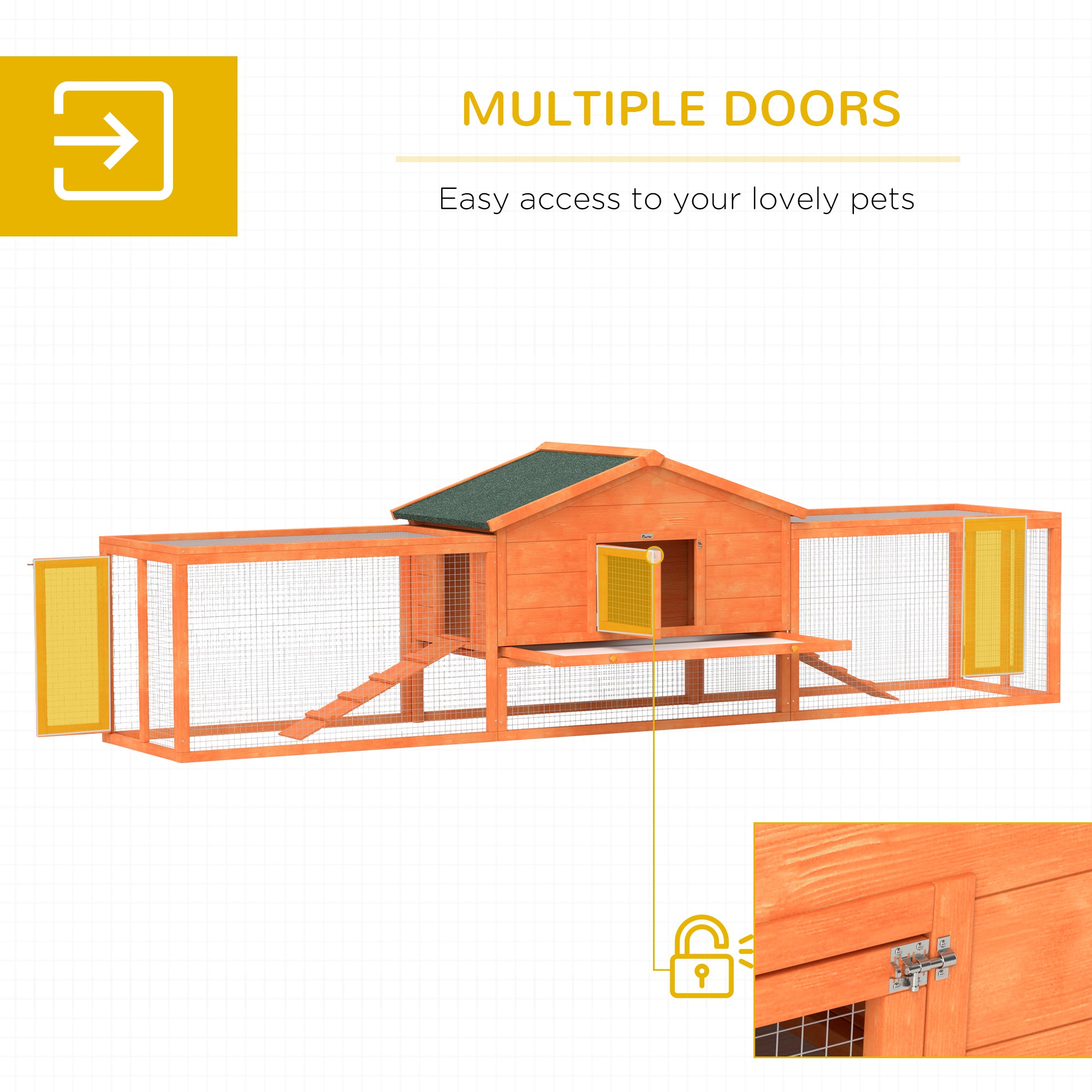 PawHut Wooden Rabbit Hutch with Run, Tray, Ramps, Asphalt Roof, 309 x 70 x 87cm, Orange - North Peak Garden Furniture
