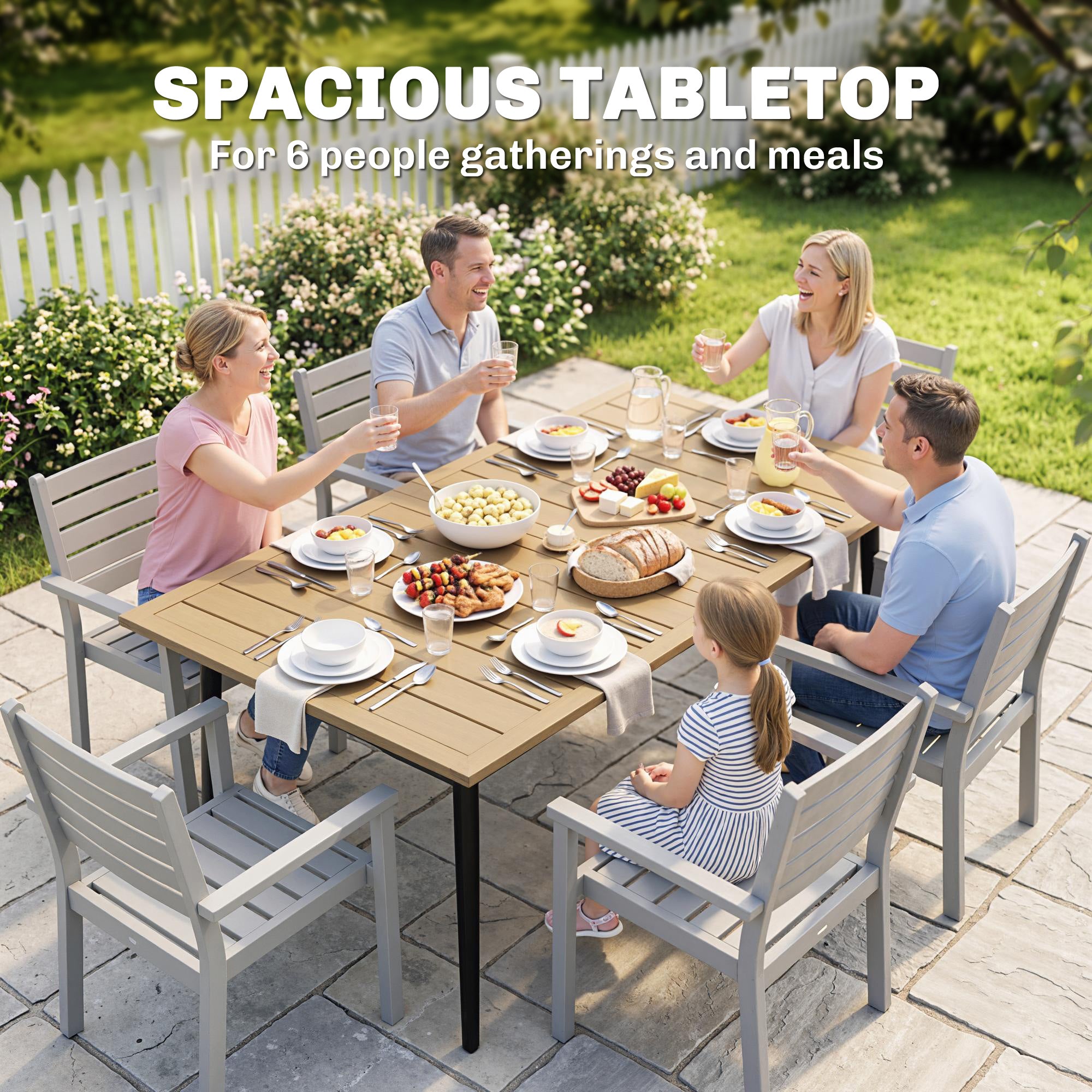 Outsunny Garden Dining Table for 6 Person, Rectangle Outdoor Coffee Table with 5 cm Parasol Hole, Slatted Tabletop and Steel Frame for Patio Balcony, Brown
