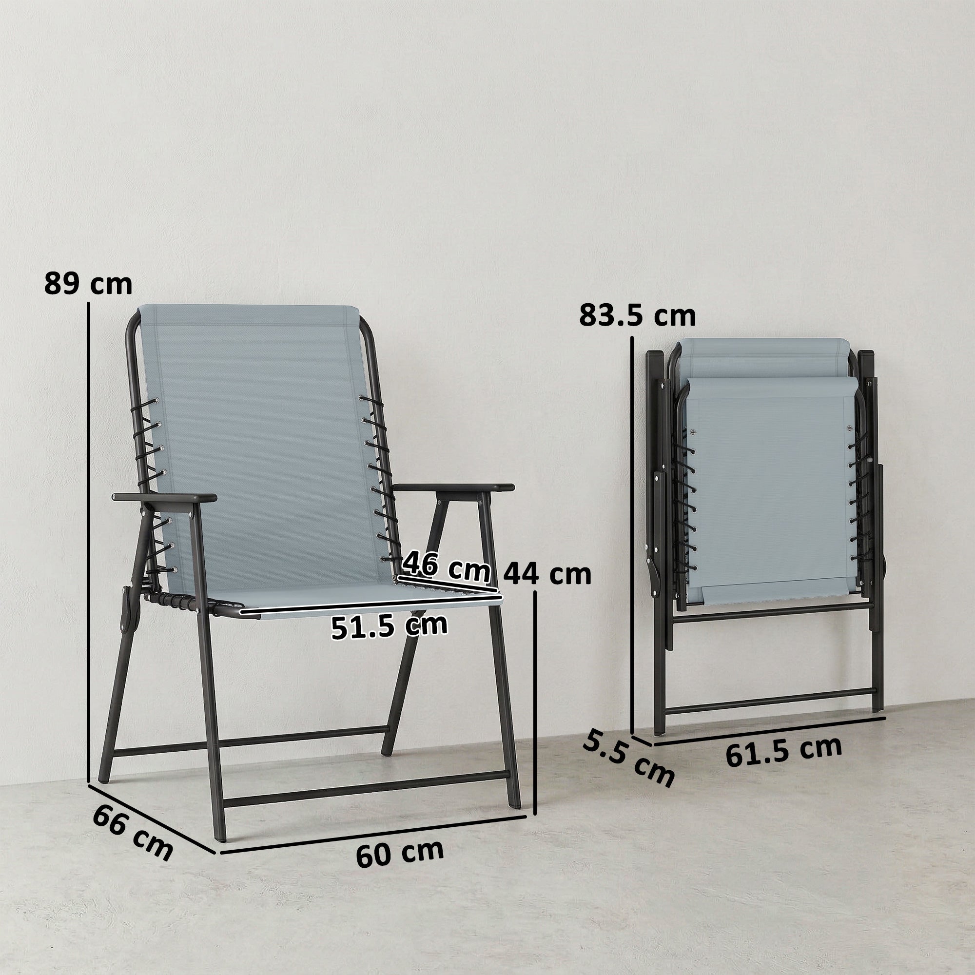 Outsunny Folding Garden Chairs Set of 4, Outdoor Dining Chairs with Wide Texteline Seat, High Back and Armrests, Light Grey